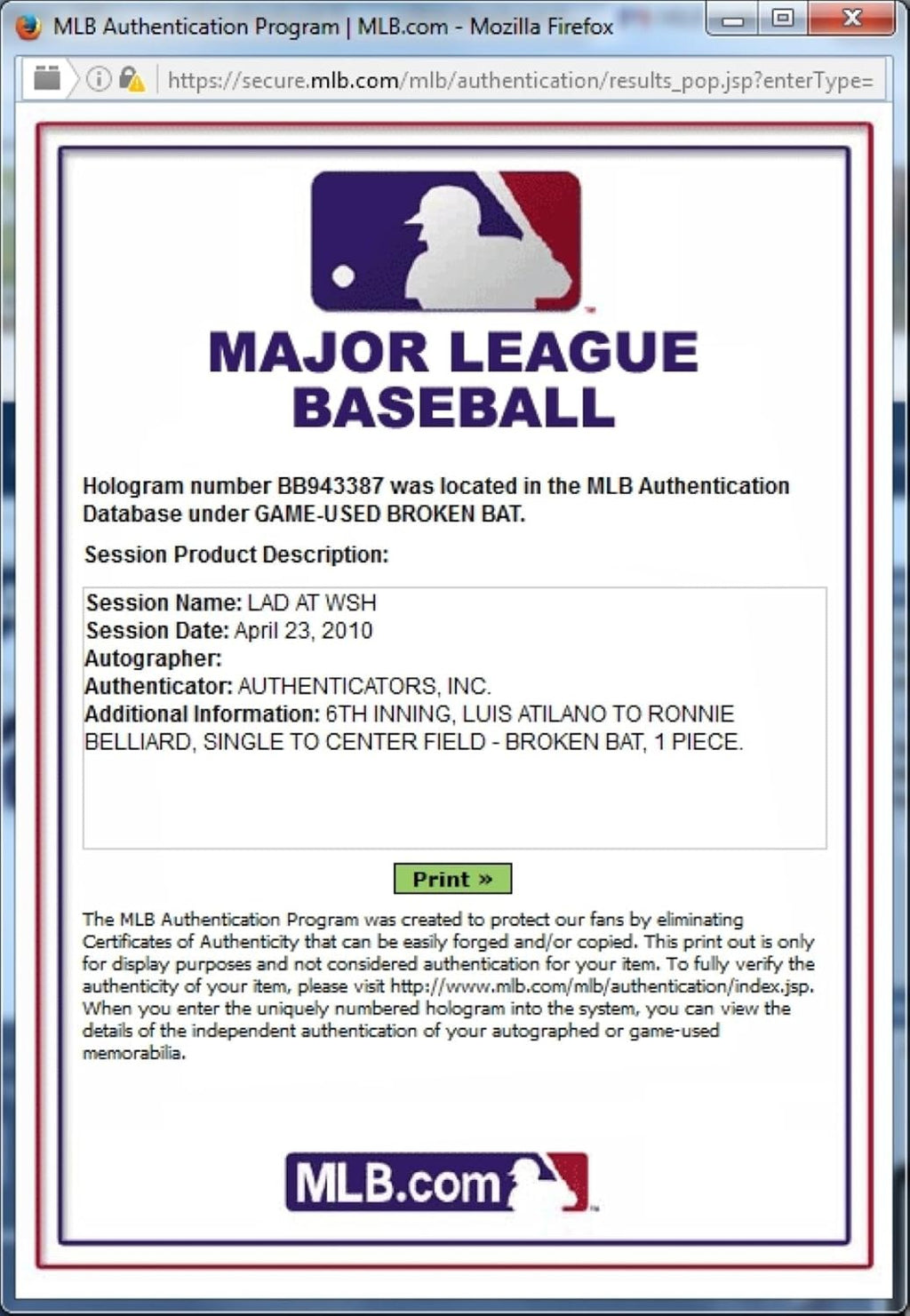 Ron Belliard Official Major League Game Used Baseball Bat Dodgers Single MLB 345
