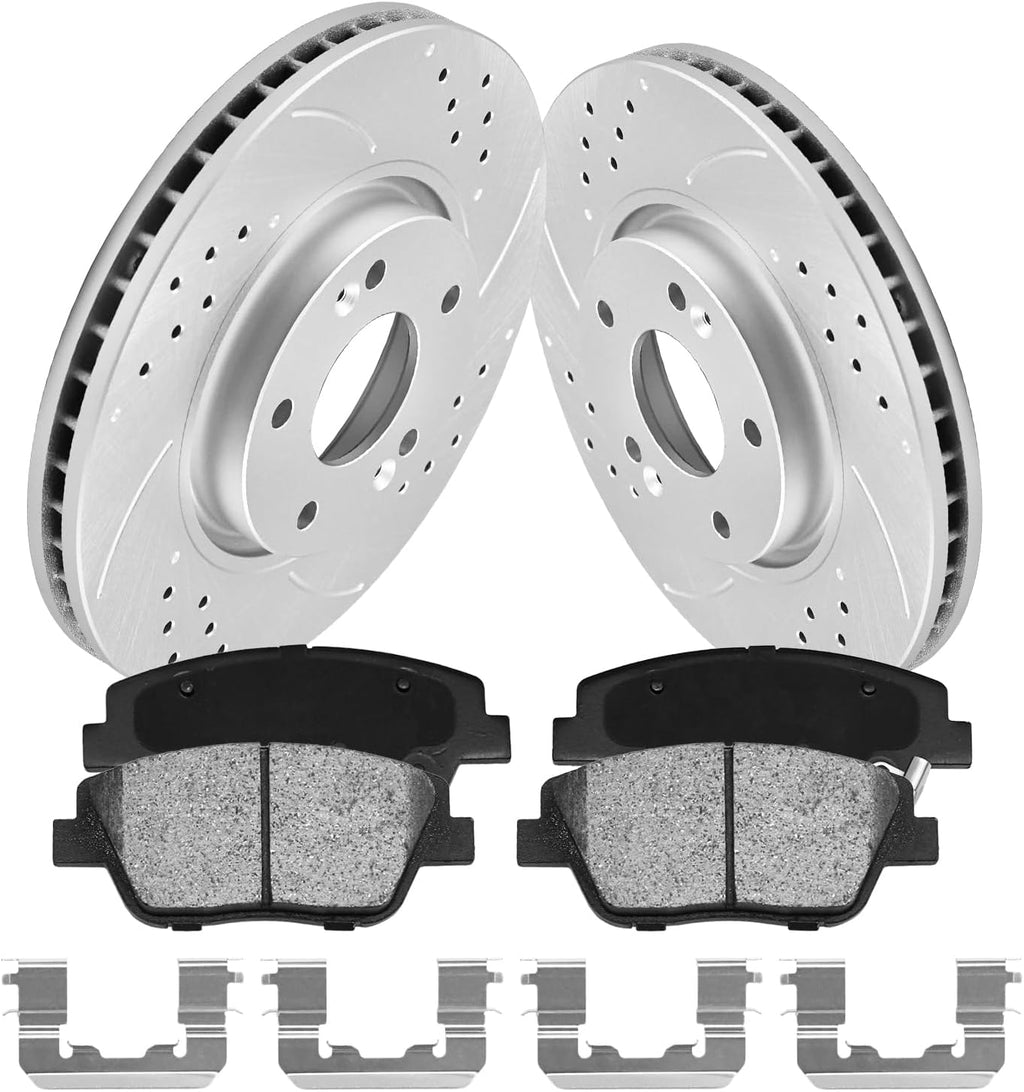 Anpulsero Front Automotive Replacement Brake Kit Compatible with 2011-2015 Hyundai Sonata, 2011-2016 Kia Optima, Drilled and Slotted Brake Rotors Brake Pads Anti-Rust Geomet Coated 300mm Disc Rotors