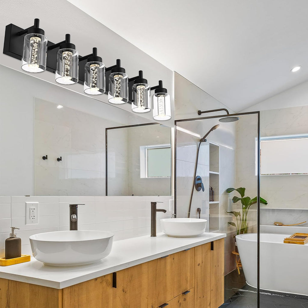 LED Bathroom Vanity Light Fixtures, 6 Light Indoor Wall Sconces Lighting with Clear Glass Shade and Crystal Bulb Black Lights for Mirror, Kitchen, Living Room, Gallery(LED Bulbs Included)