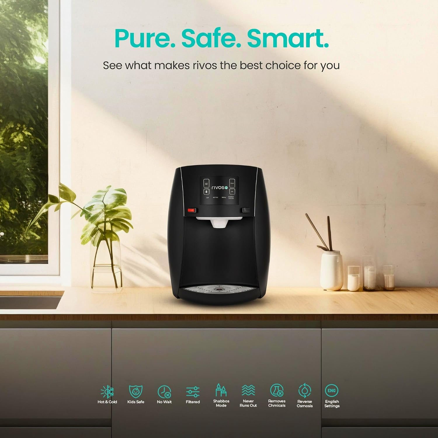 Rivos Spirit Smart Water Dispenser, Hot & Cold Countertop Dispenser, 316 Stainless Steel, Shabbat-Compatible System with Filter & Carbon Filter, Eco-Friendly Home & Office Hydration (Black)