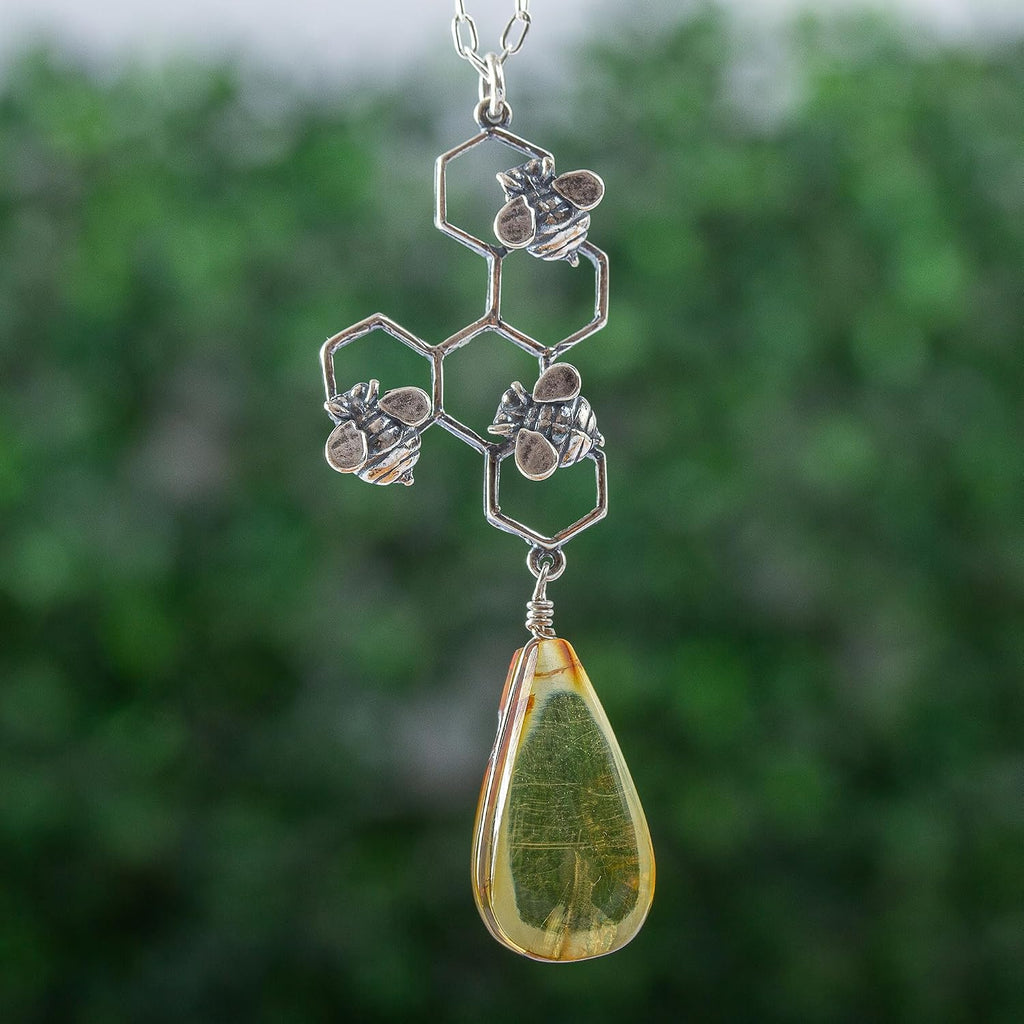 NOVICA Artisan Handmade Amber Pendant Necklace Sterling Silver Bees Honeycomb Yellow Mexico Oak Buff Animal Themed Bug [20.5 in L 1 mm W Pendant(s) 2 in L x 0.8 in W x 0.2 in D] ' Sweet Honey'