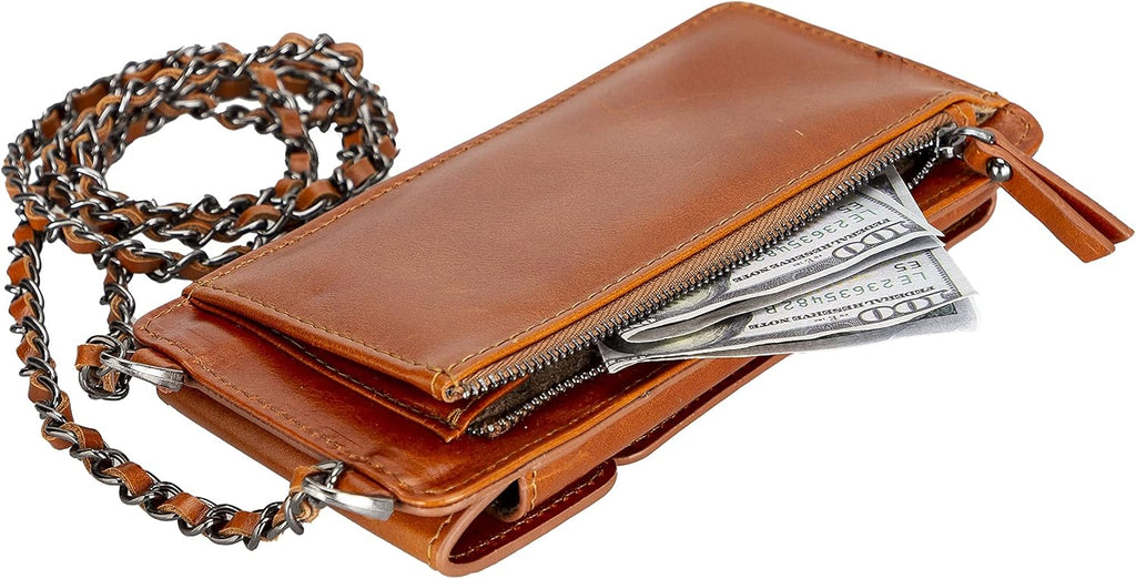 Crossbody Women Wallet fits iPhone 16 Pro MAX / 17 Pro MAX and All Mobile Devices up to 6.9' - Zippered Women Purse, Shoulder Bag with Card Holder, Pocket & Chain Strap, Trendy (Chestnut)
