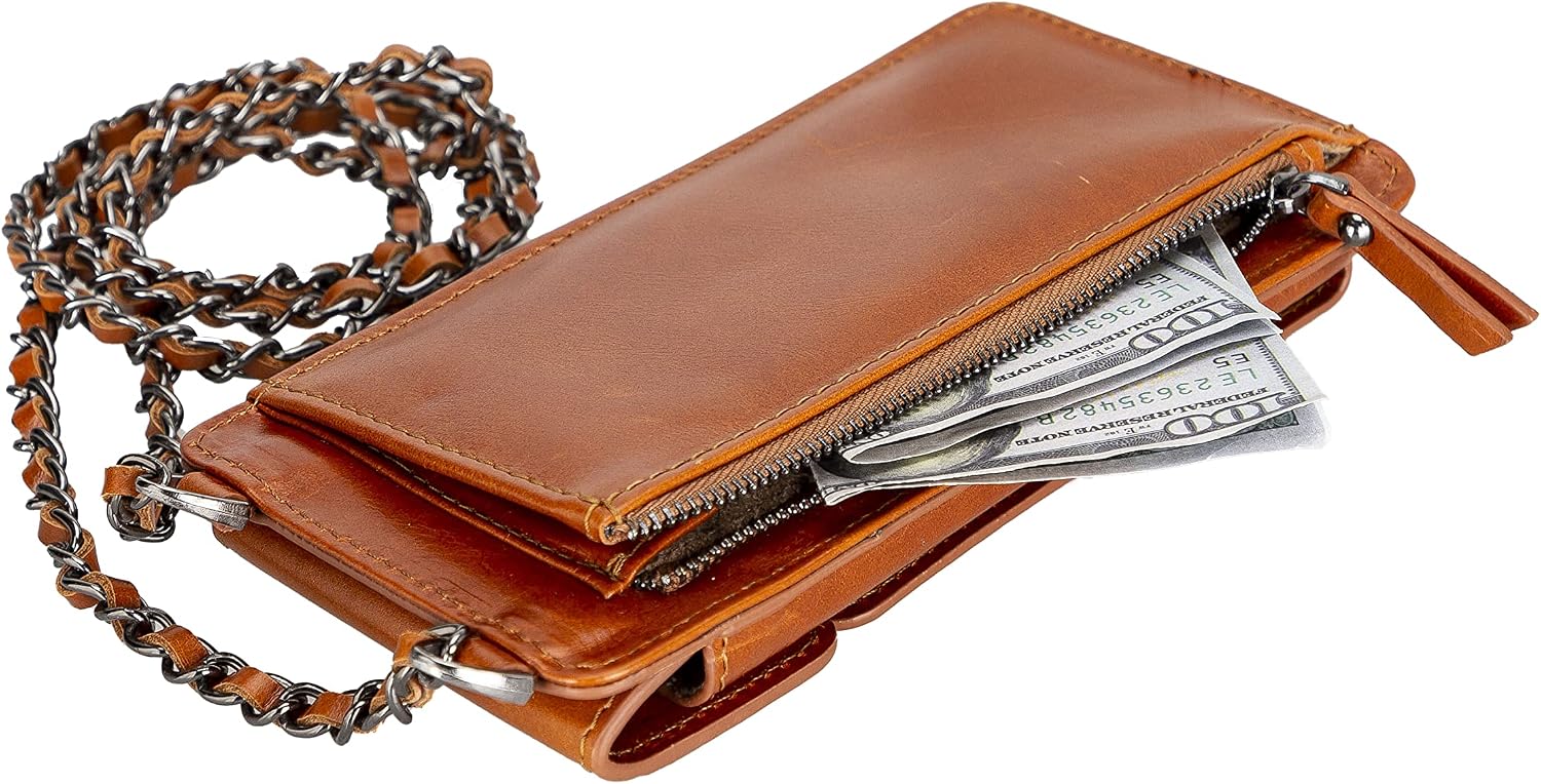 Crossbody Women Wallet fits iPhone 16 Pro MAX / 17 Pro MAX and All Mobile Devices up to 6.9' - Zippered Women Purse, Shoulder Bag with Card Holder, Pocket & Chain Strap, Trendy (Chestnut)