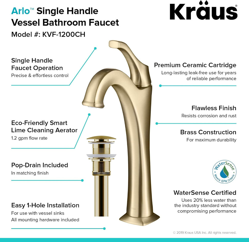 KRAUS KVF-1200BG Arlo™ Brushed Gold Tall Vessel Bathroom Faucet with Pop-Up Drain