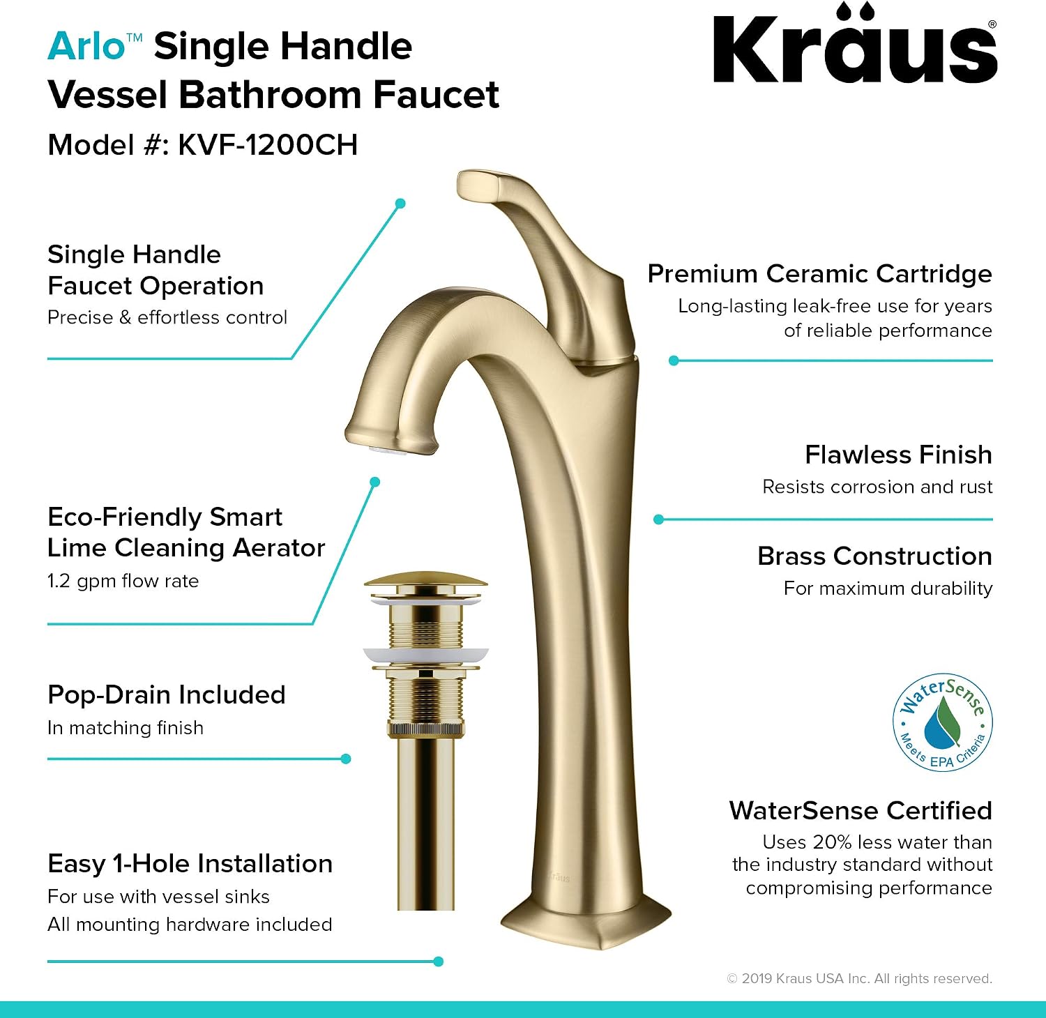 KRAUS KVF-1200BG Arlo™ Brushed Gold Tall Vessel Bathroom Faucet with Pop-Up Drain