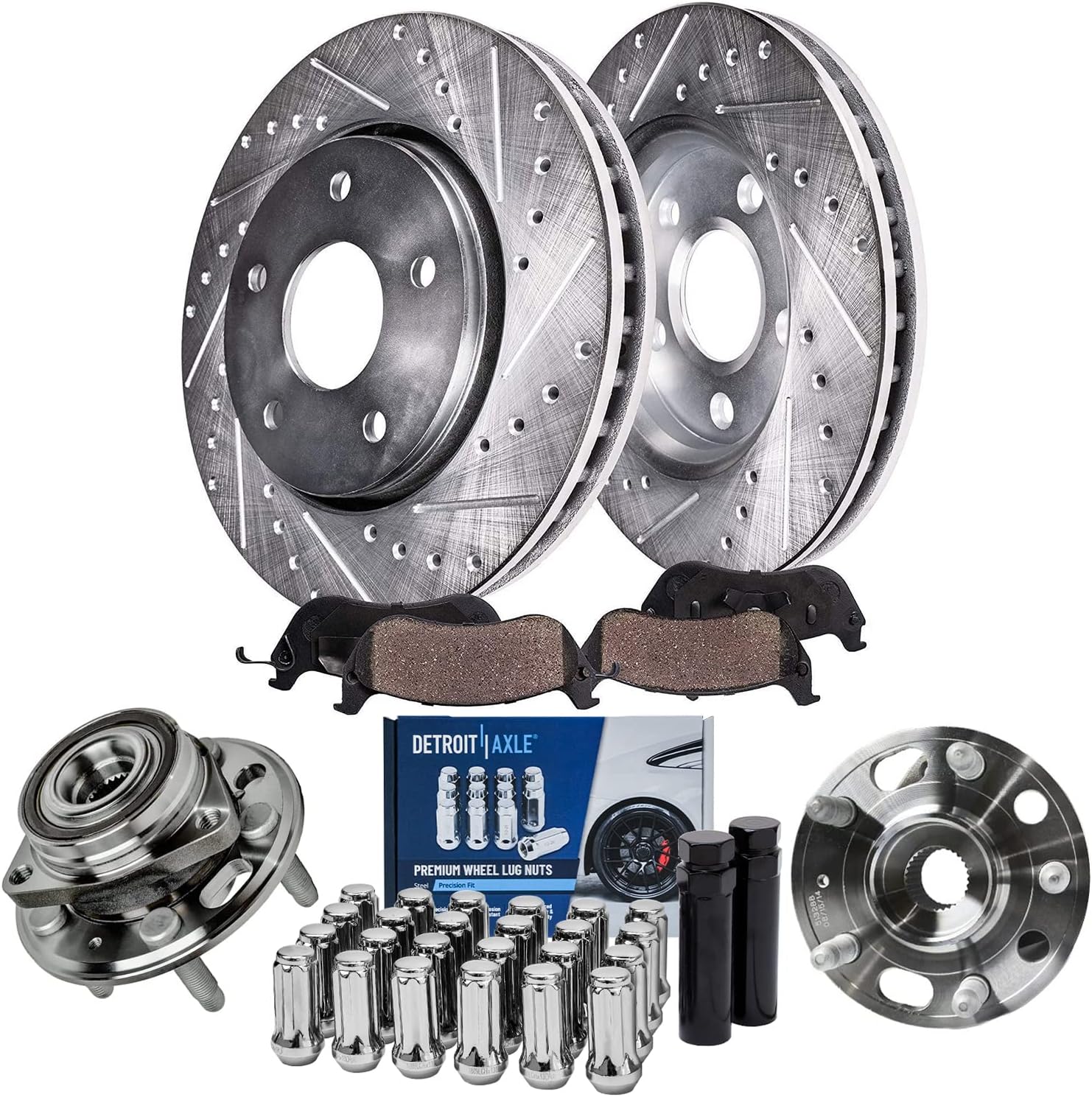 Detroit Axle - Front Wheel Bearing Hubs Brake Kit for Chevy Malibu Impala Equinox GMC Terrain Buick Regal LaCrosse Saab 9-5, Brake Rotors Brake Pads Wheel Bearing Hubs Wheel Lug Nuts Replacement