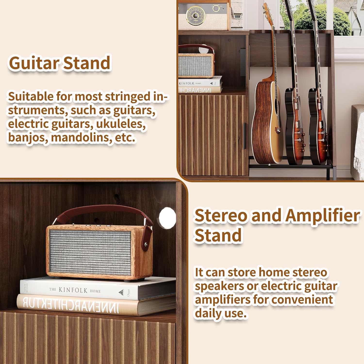 Guitar Stand with Vinyl Record Storage, Record Player Stand with Multiple Guitars Holder, Built-in Power Outlet, Guitar Amp Stand for Acoustic, Electric Guitar, Bass, Speaker, Amp