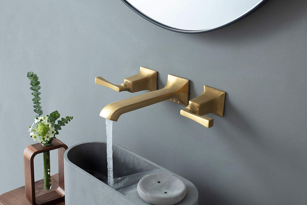 SITGES Bathroom Wall Faucet, Heavy Duty, Brass Constructed Wall Mount Faucet with Metal Lever Handles, Rough in Valve Included (Brushed Gold)