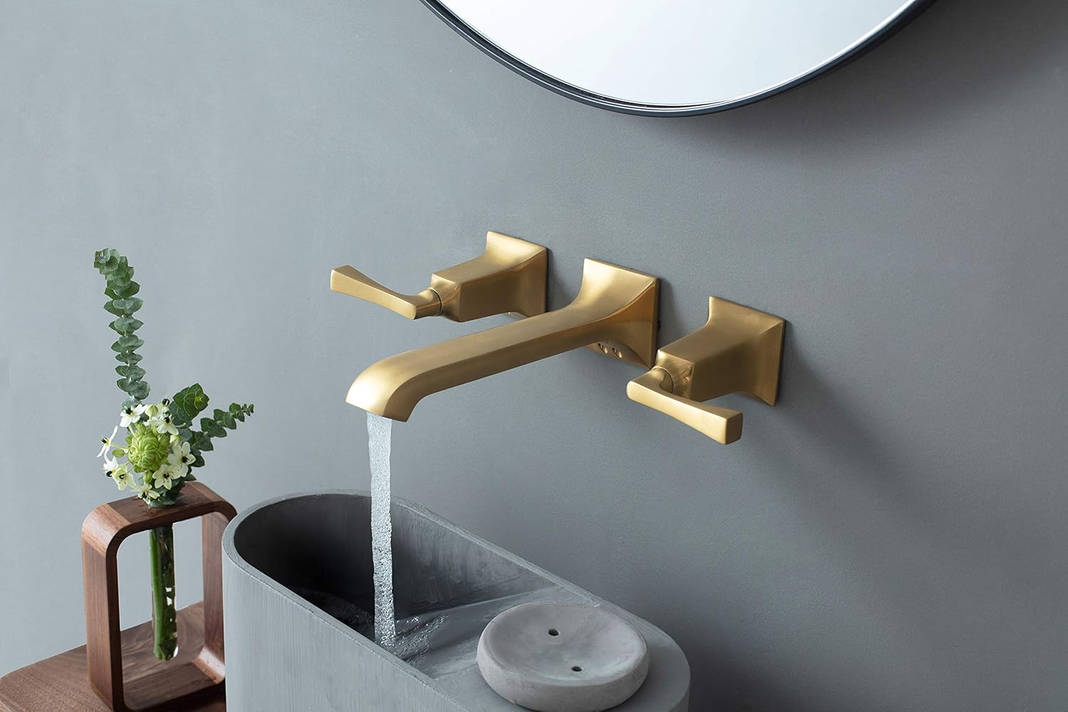 SITGES Bathroom Wall Faucet, Heavy Duty, Brass Constructed Wall Mount Faucet with Metal Lever Handles, Rough in Valve Included (Brushed Gold)