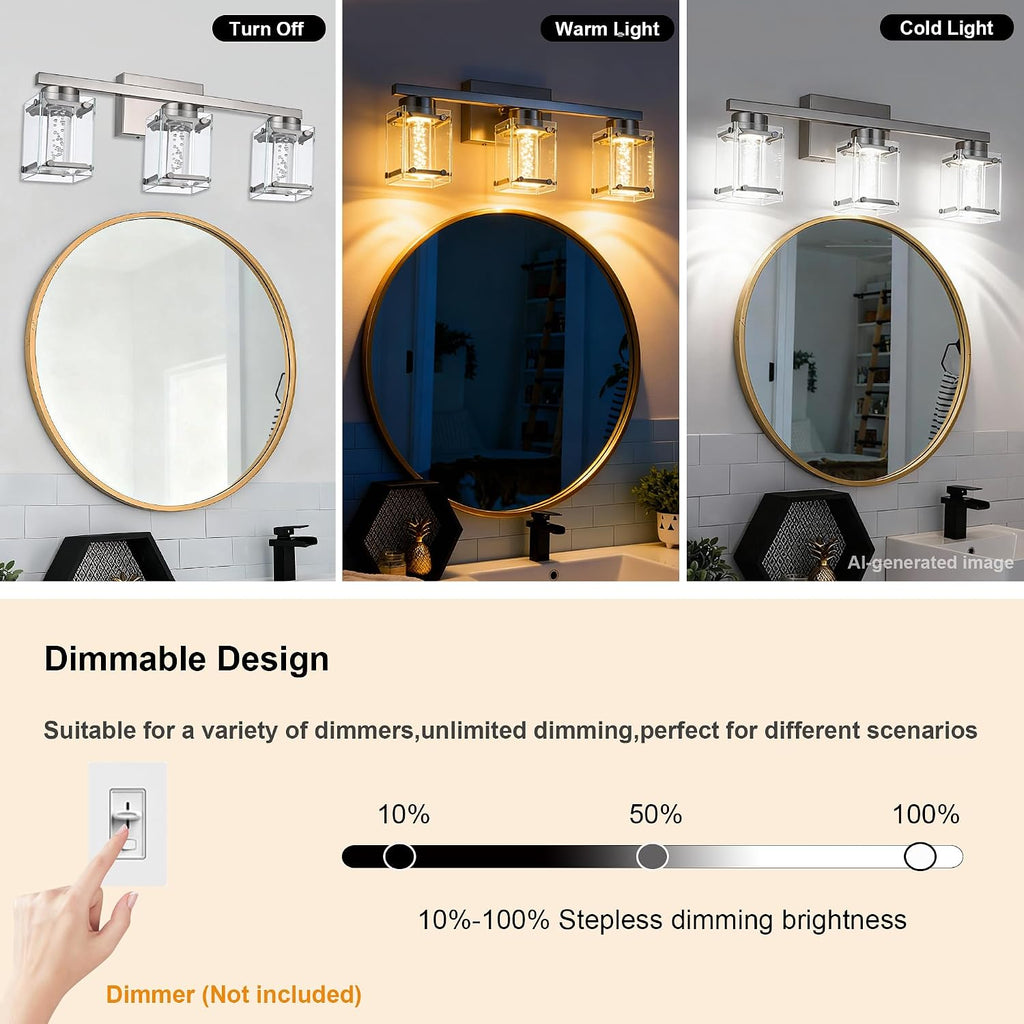 3 Light Bathroom Light fixtures in Brushed Nickel Finish LED Vanity Lights with Bubble Crystal Glass Modern Vanity Lighting fixtures Wall Mounted Lamp Over Mirror