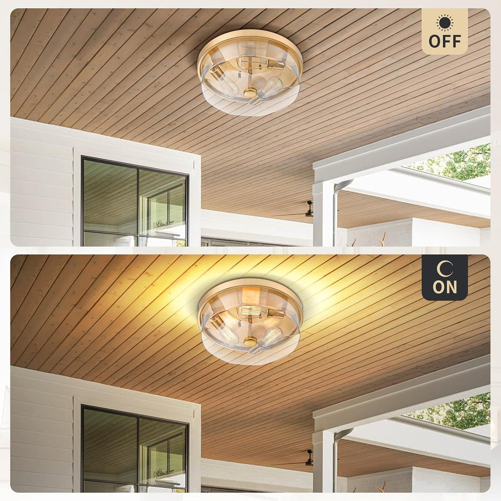 Gold Flush Mount Ceiling Light, 3-Light Hallway Light Fixtures, Modern Farmhouse Farmhouse Ceiling Light Clear Glass Brushed Gold Finish for Kitchen Porch Entryway