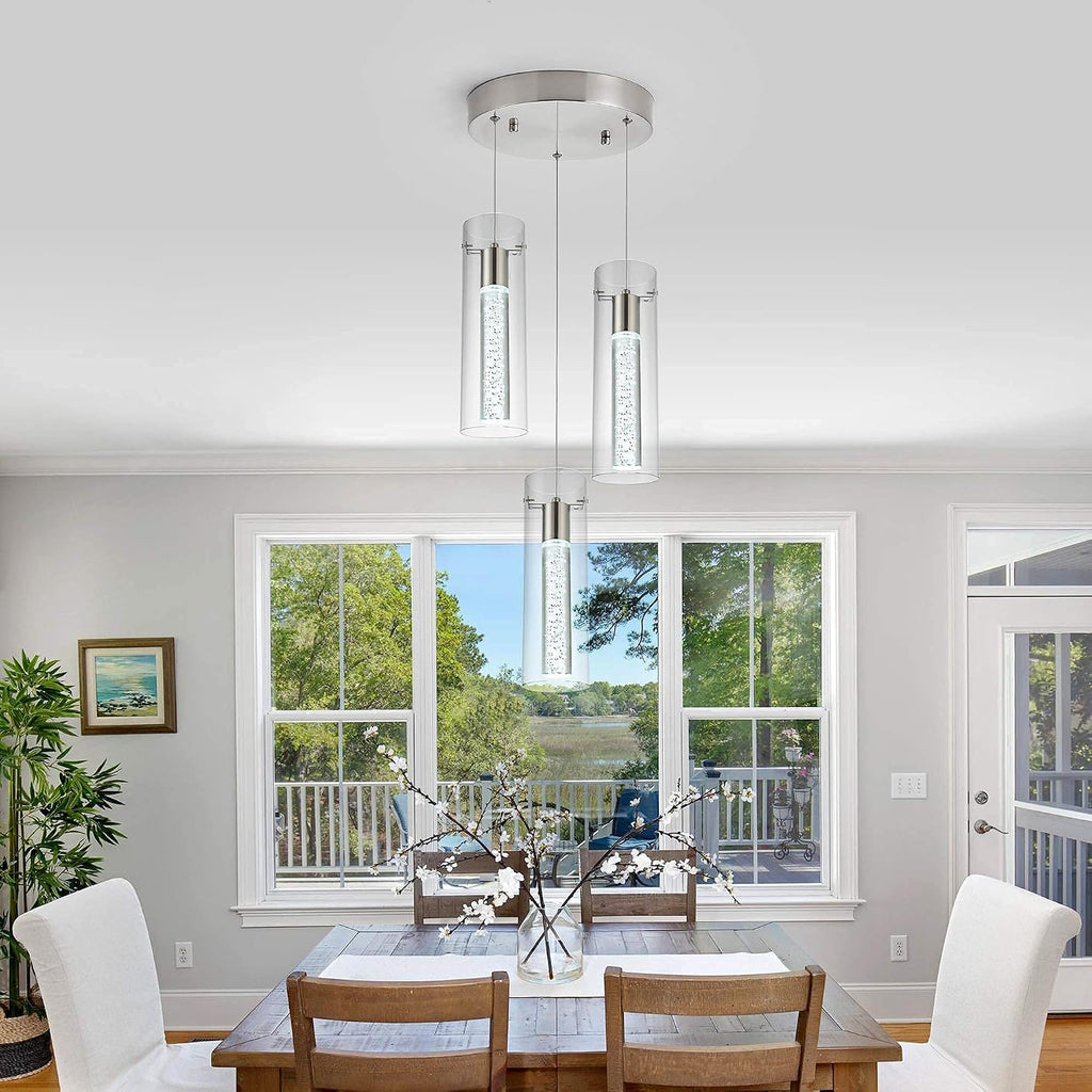 Kitchen Lighting Pendant Fixtures 3-Light LED Pendant Ceiling Fixture Brushed Nickel Bubble Cylinder Pendant Light with Adjustable Length for Kitchen Island Dinning Room Bedroom