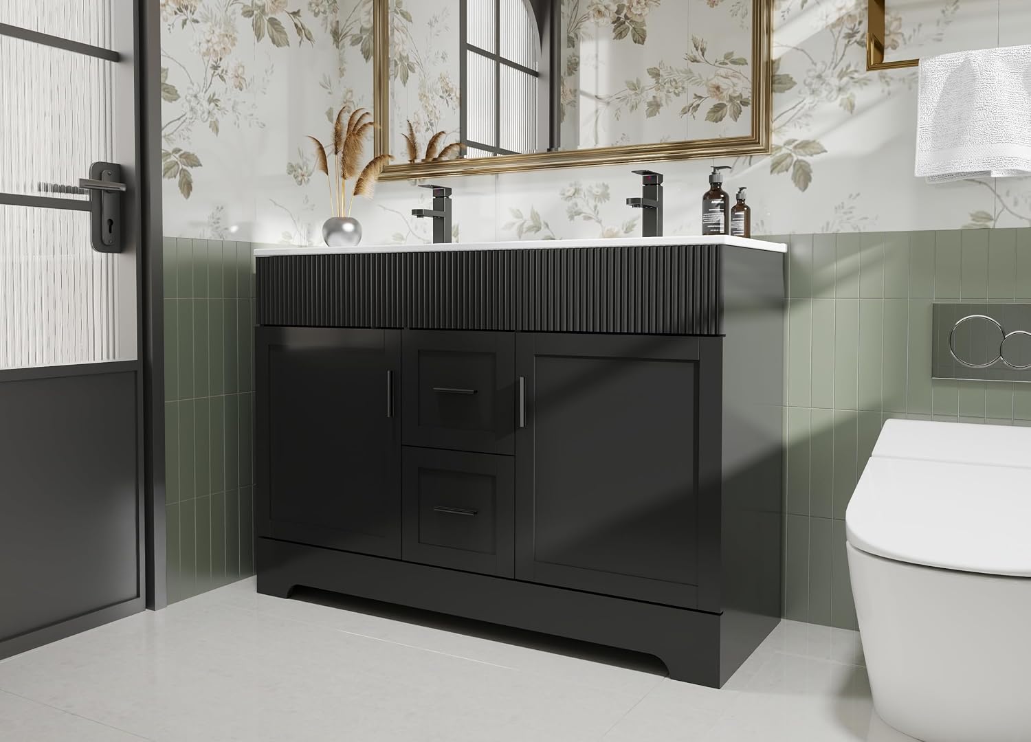 eclife 48' Bathroom Vanities Sink Combo with Painted Surface, Modern Drawered Cabinet W/Decorative Wave Lines, Undermount Double White Sink, Matte Black Faucet Drain, Black