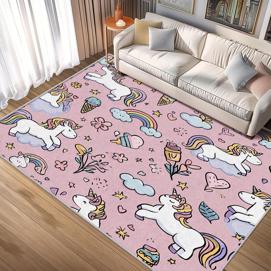 Unicorn Rug 8x12 for Bedroom, Kawaii Ice Cream Rainbow Patterned Living Room Area Rug, Unicorn Kids Boys Girls Room Decor, Washable Soft Thin Carpet with Non Slip Backing, 8 x 12 ft - Lu11694