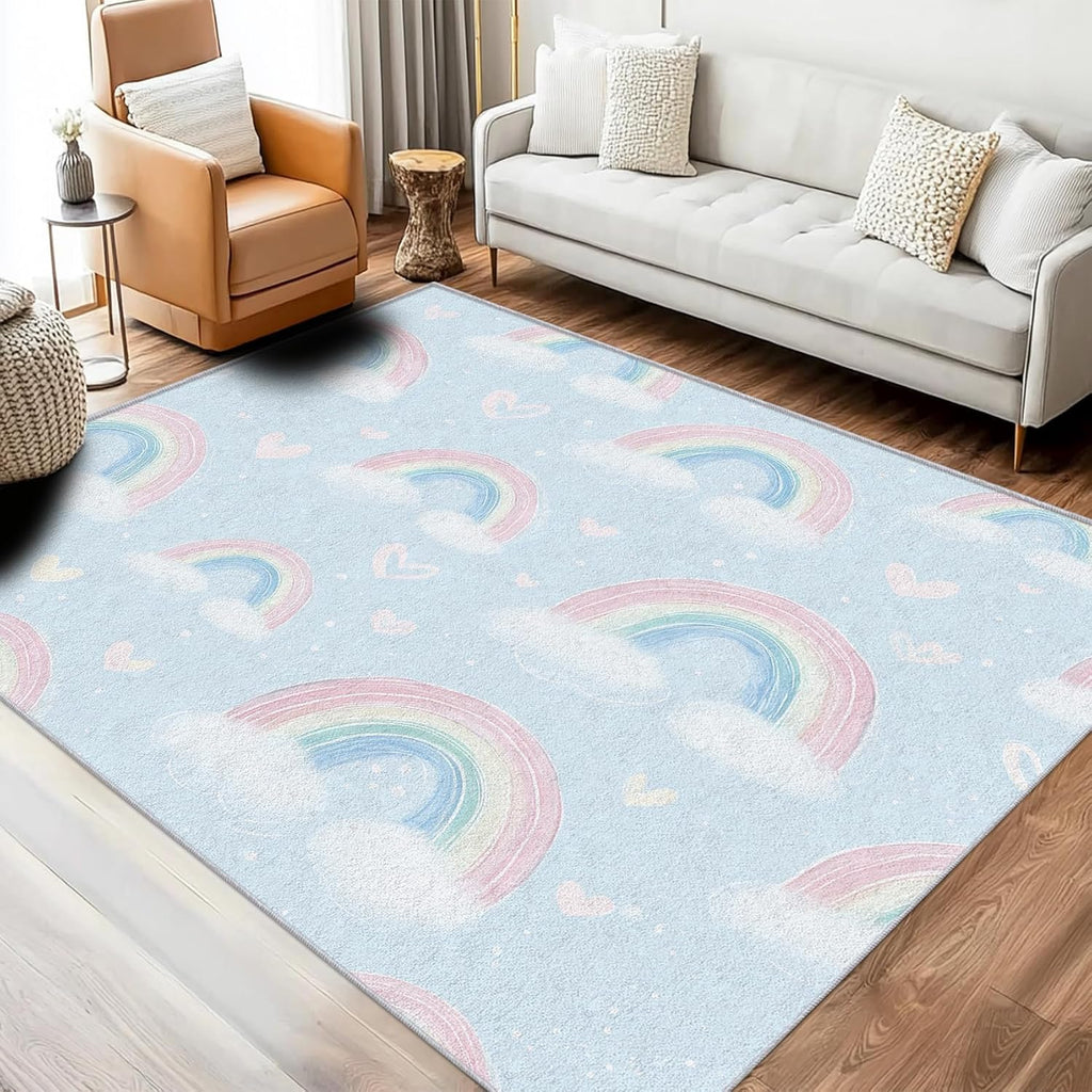 Rainbow Rug 8x12 for Bedroom, Cute Cartoon Heart Patterned Living Room Area Rug, Rainbow Kids Boys Girls Room Decor, Washable Soft Thin Carpet with Non Slip Backing, 8 x 12 ft - Lu11554