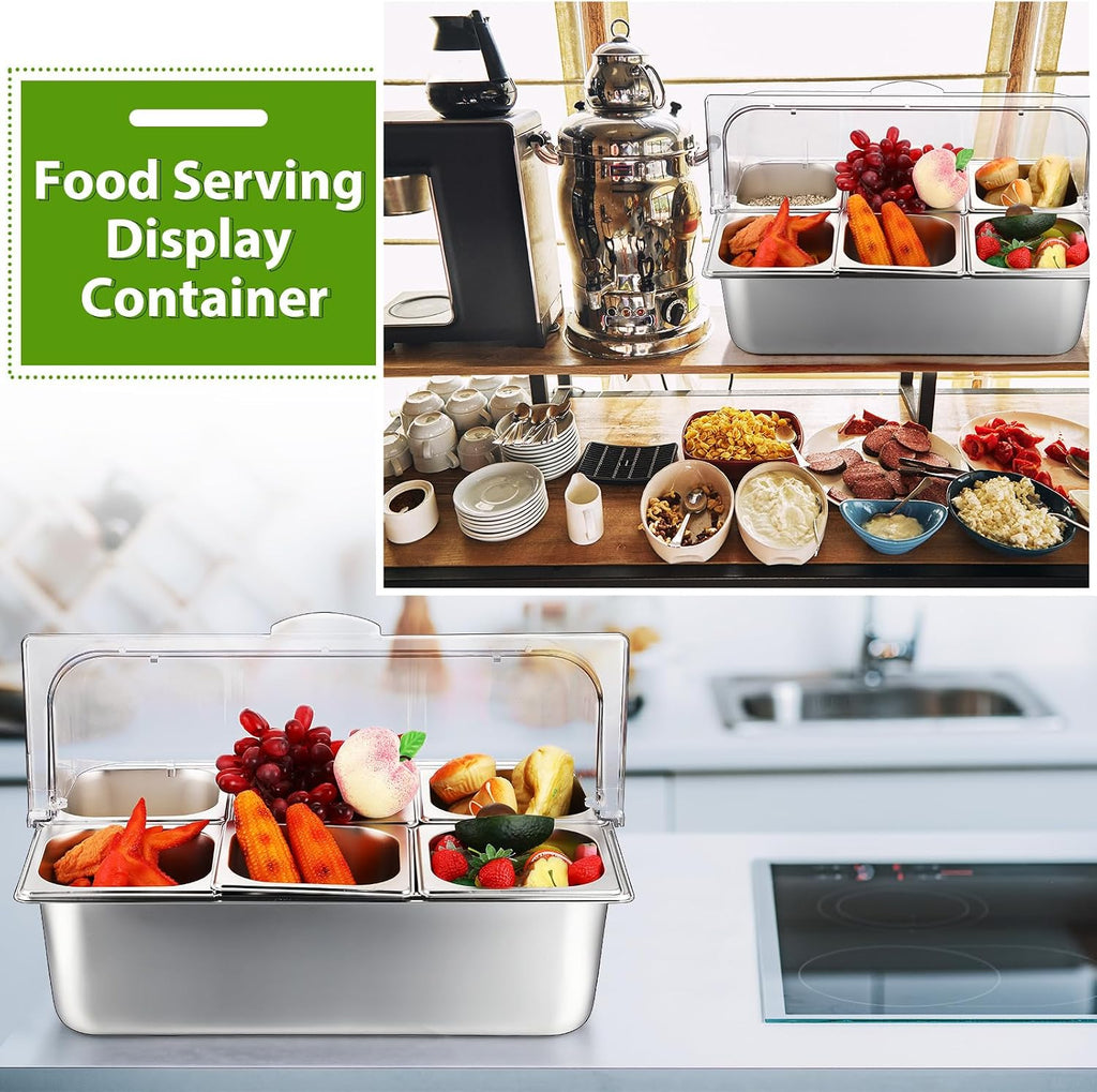 Ziliny 2 Pack Countertop Food Serving Display Container Stainless Steel Food Serving Tray Buffet Condiment Dispenser Display Rack with Clear Roll Top Cover for Buffet(6 Pan and 6 Pan)