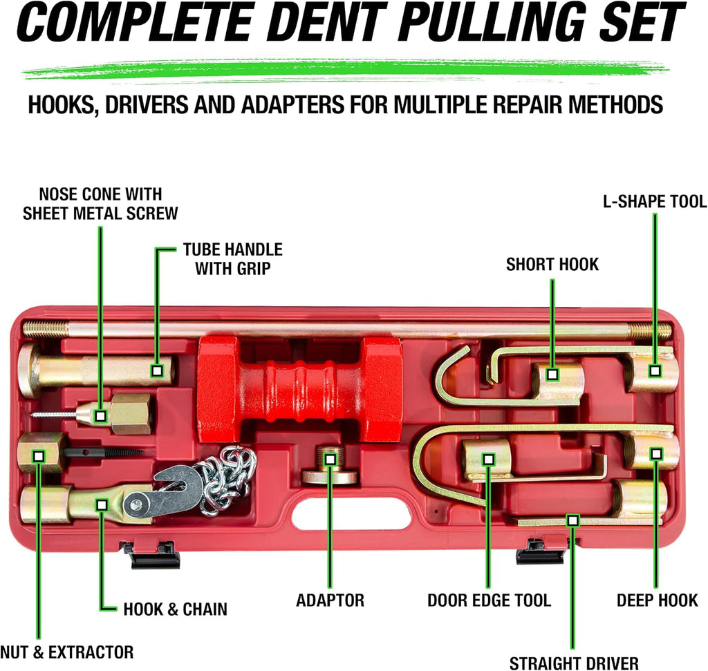 OEMTOOLS 25922 Dent Puller Kit, 10-Piece Drop Forged Steel Dent Removal Kit For Cars, Includes 10 lb. Slide Hammer, Hooks, Drivers, Fasteners, And Tools
