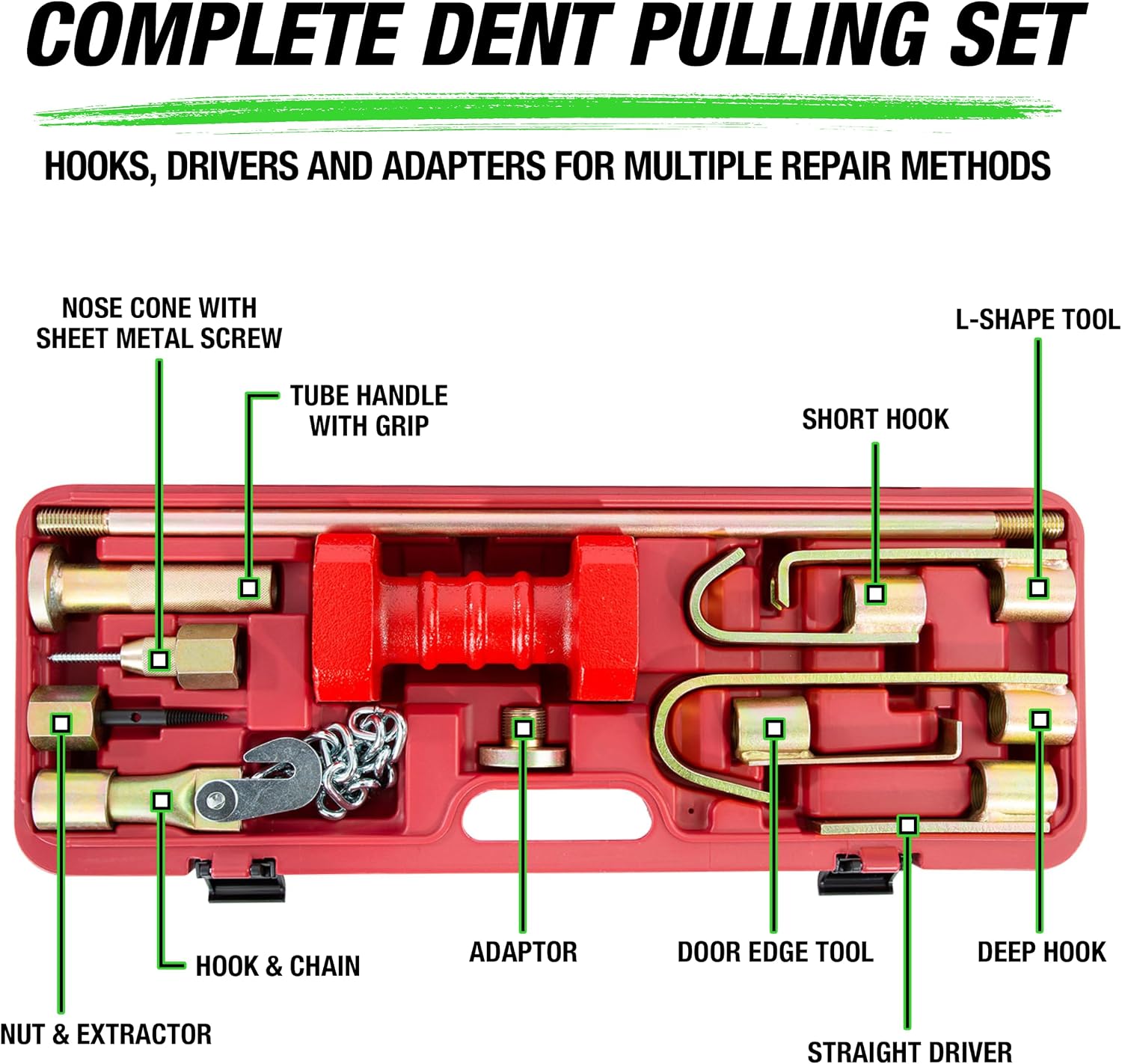 OEMTOOLS 25922 Dent Puller Kit, 10-Piece Drop Forged Steel Dent Removal Kit For Cars, Includes 10 lb. Slide Hammer, Hooks, Drivers, Fasteners, And Tools