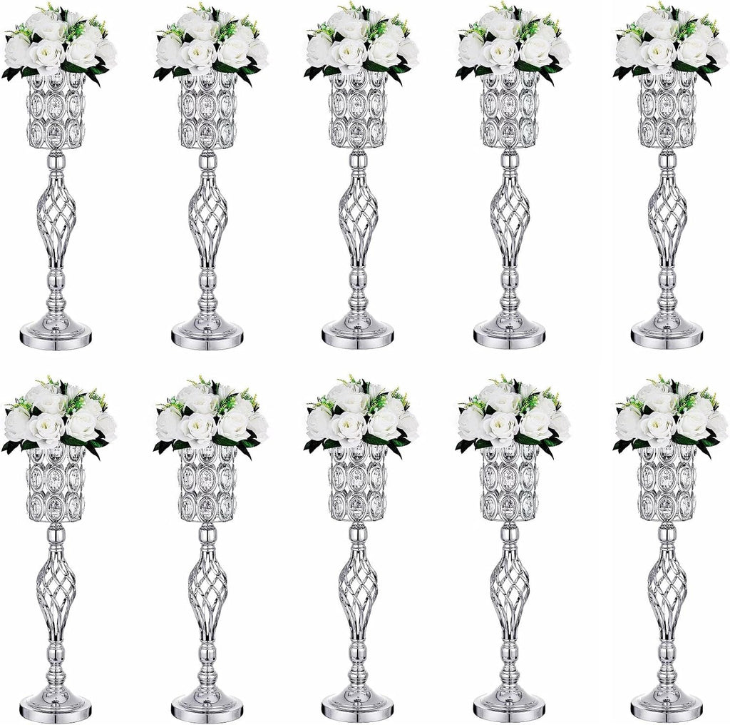 Crystal Wedding Centerpiece Vases for Tables - Set of 10 Metal Silver Vases, 24in Tall Versatile Flower Holders, Elegant Flower Stands for Centerpieces Wedding Party Reception Christmas Home Decor