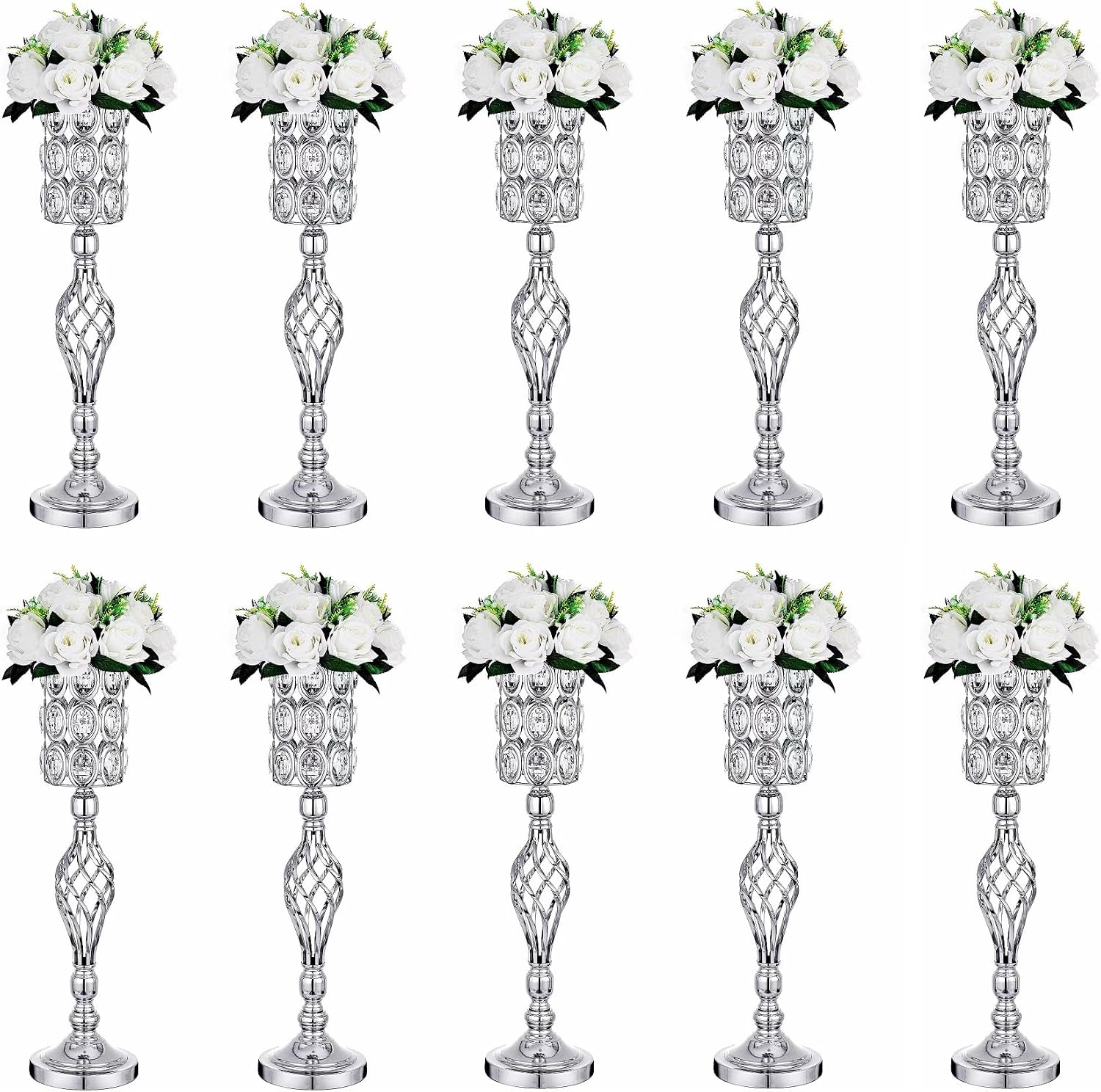 Crystal Wedding Centerpiece Vases for Tables - Set of 10 Metal Silver Vases, 24in Tall Versatile Flower Holders, Elegant Flower Stands for Centerpieces Wedding Party Reception Christmas Home Decor