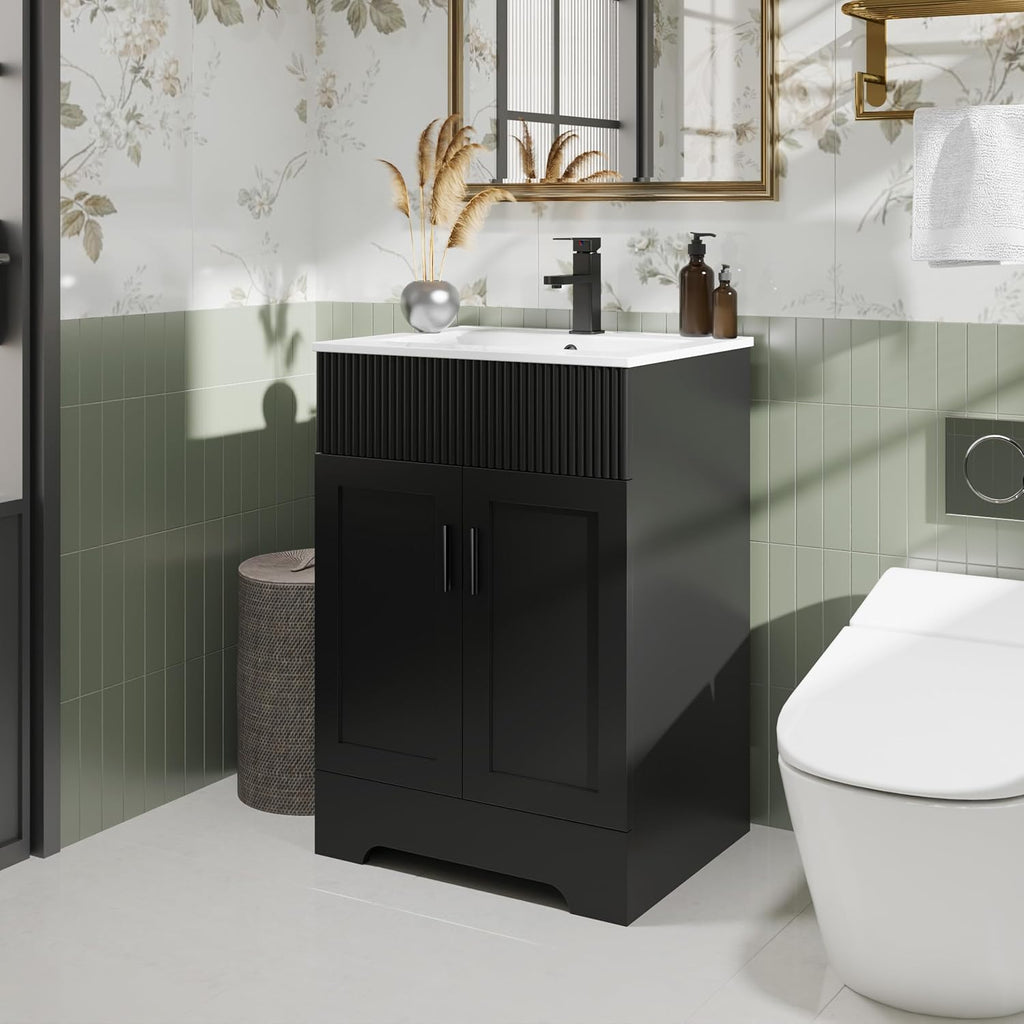 eclife 24' Bathroom Vanities Sink Combo with Painted Surface, Modern Drawered Cabinet W/Decorative Wave Lines, Undermount Single White Sink, Matte Black Faucet Drain, Black