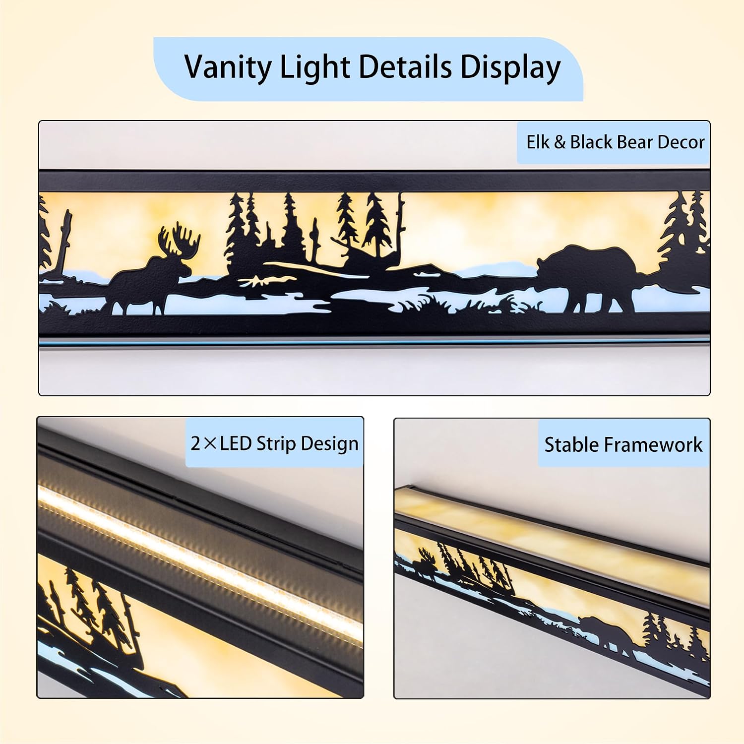 TOCHIC Farmhouse LED Bathroom Vanity Light, Matte Black Western Light Fixture Over Mirror, Rustic Deer & Bear Vanity Lights for Bathroom, Mirror Cabinets, Powder Room, Living Room, 24' L