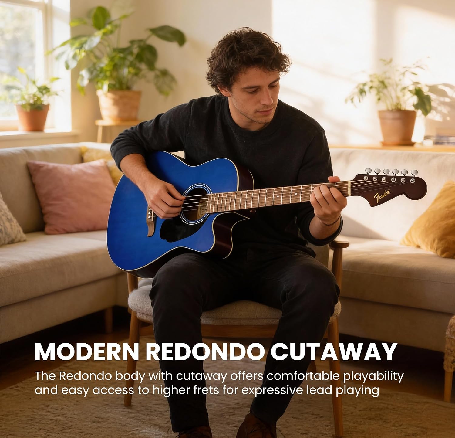 Fender California Redondo CE Acoustic-Electric Guitar - Saphire Blue Bundle with Gig Bag, Strap, Strings, Picks, and Austin Bazaar Instructional Video