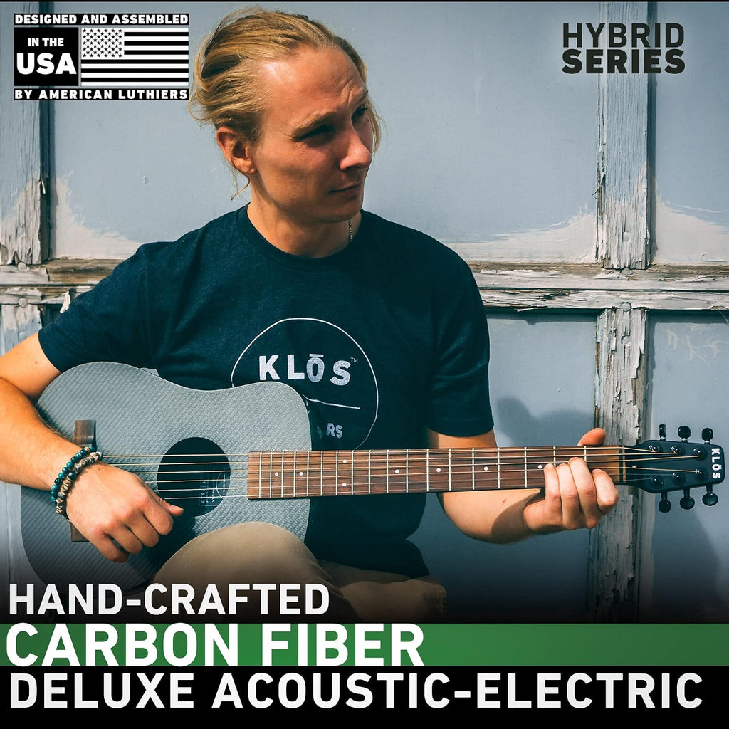 KLOS Travel Deluxe, Durable Carbon Fiber Acoustic Electric Guitar - Black with Gig Bag, Capo, and more