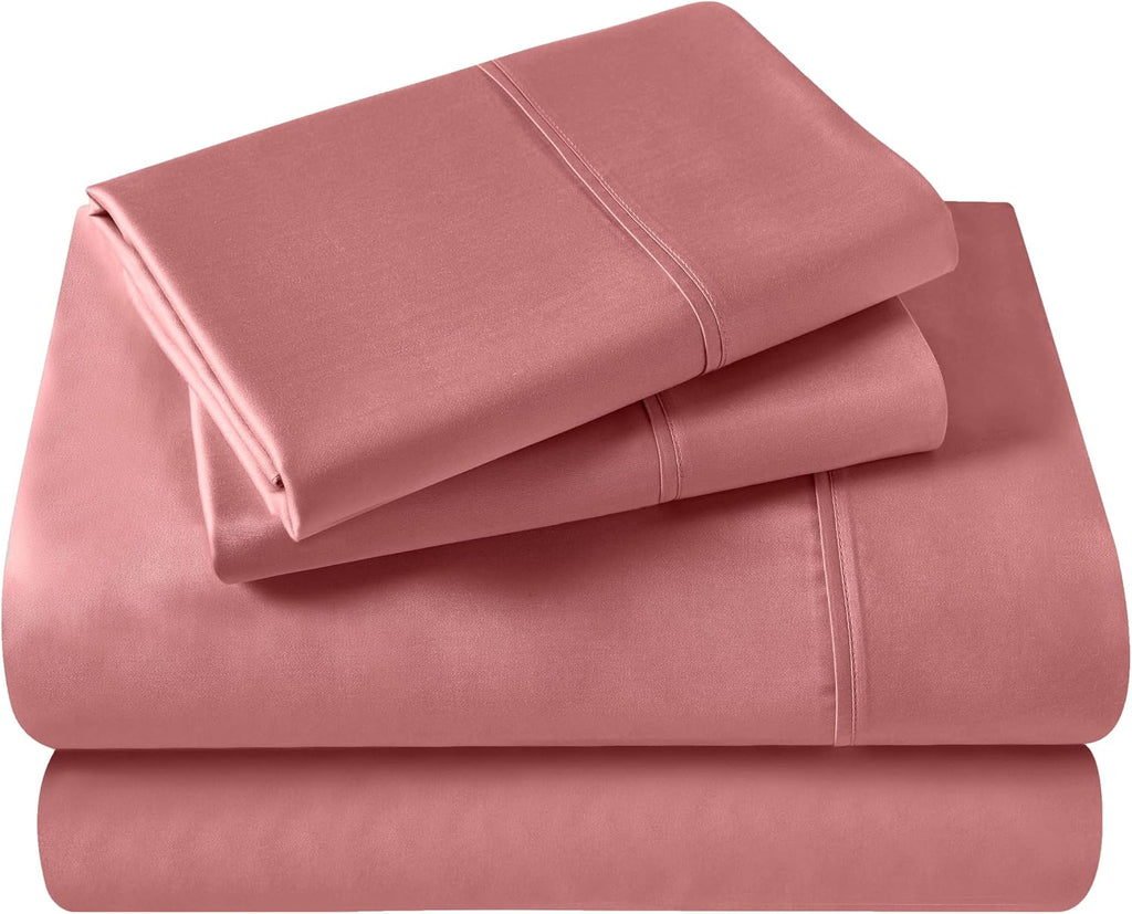 Superior Egyptian Cotton 400 Thread Count Bed Sheet Set, 2 Elastic Deep Pocket Fitted Sheets, 1 Flat Sheet, 2 Pillowcases, Soft Bedding, Luxury Sheets, Sateen Weave, Split King Size, Blush