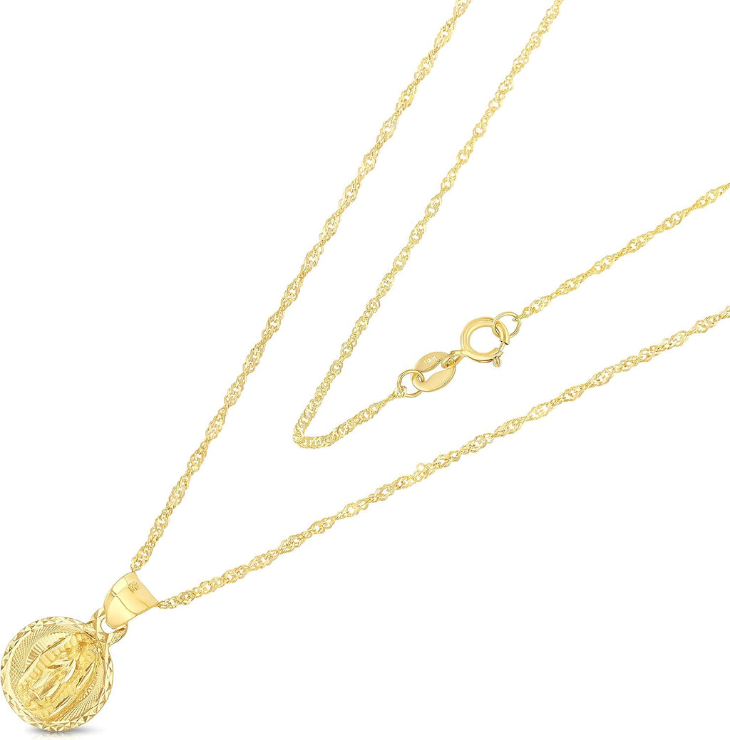 Ioka 14K Yellow Gold Diamond Cut Our Lady of Guadalupe Stamp Charm Pendant with 0.9mm Singapore Chain Necklace