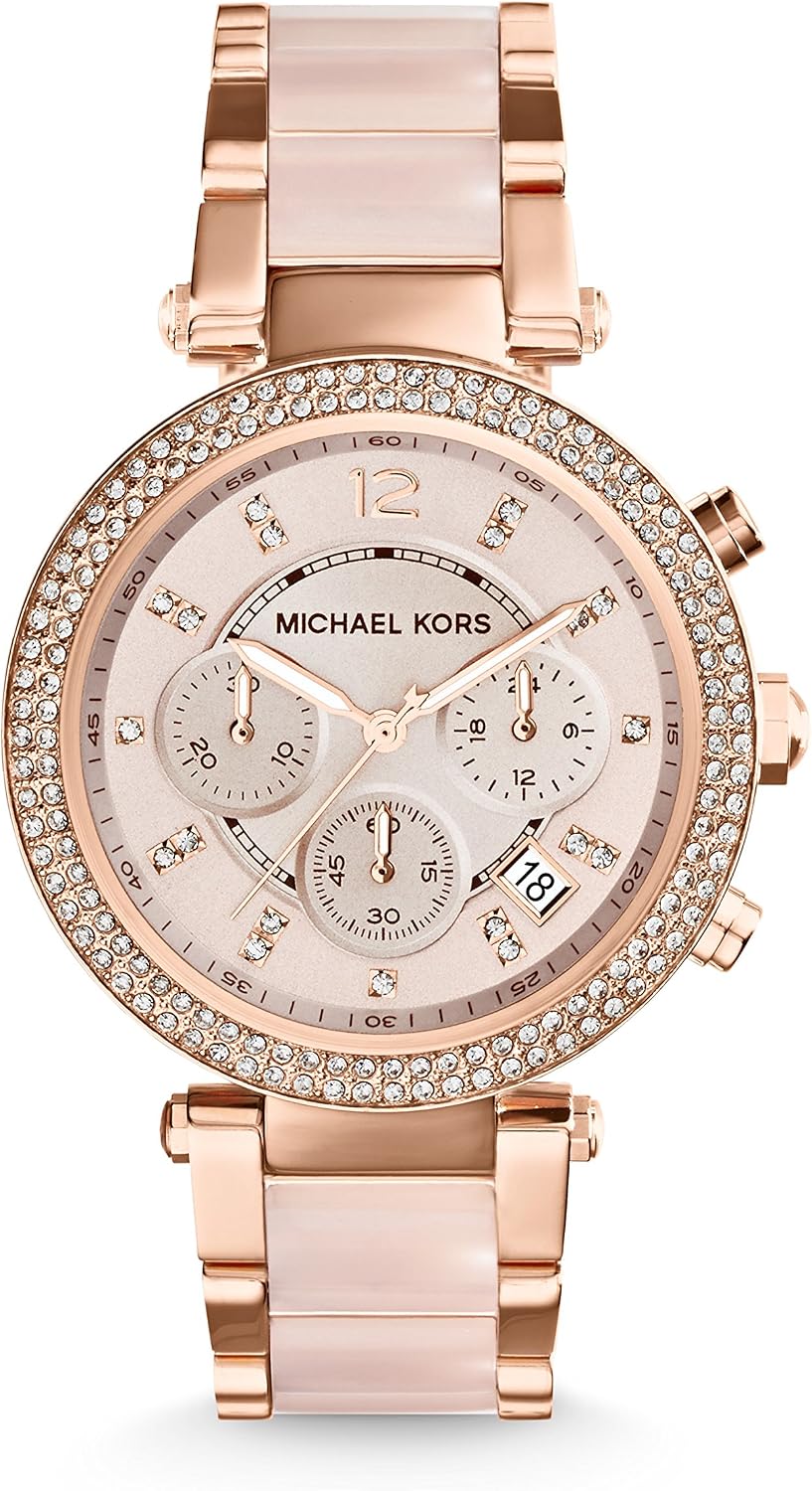 Michael Kors Parker Stainless Steel Watch with Glitz Accents Logo Gold-Tone and Crystal Pendant Necklace