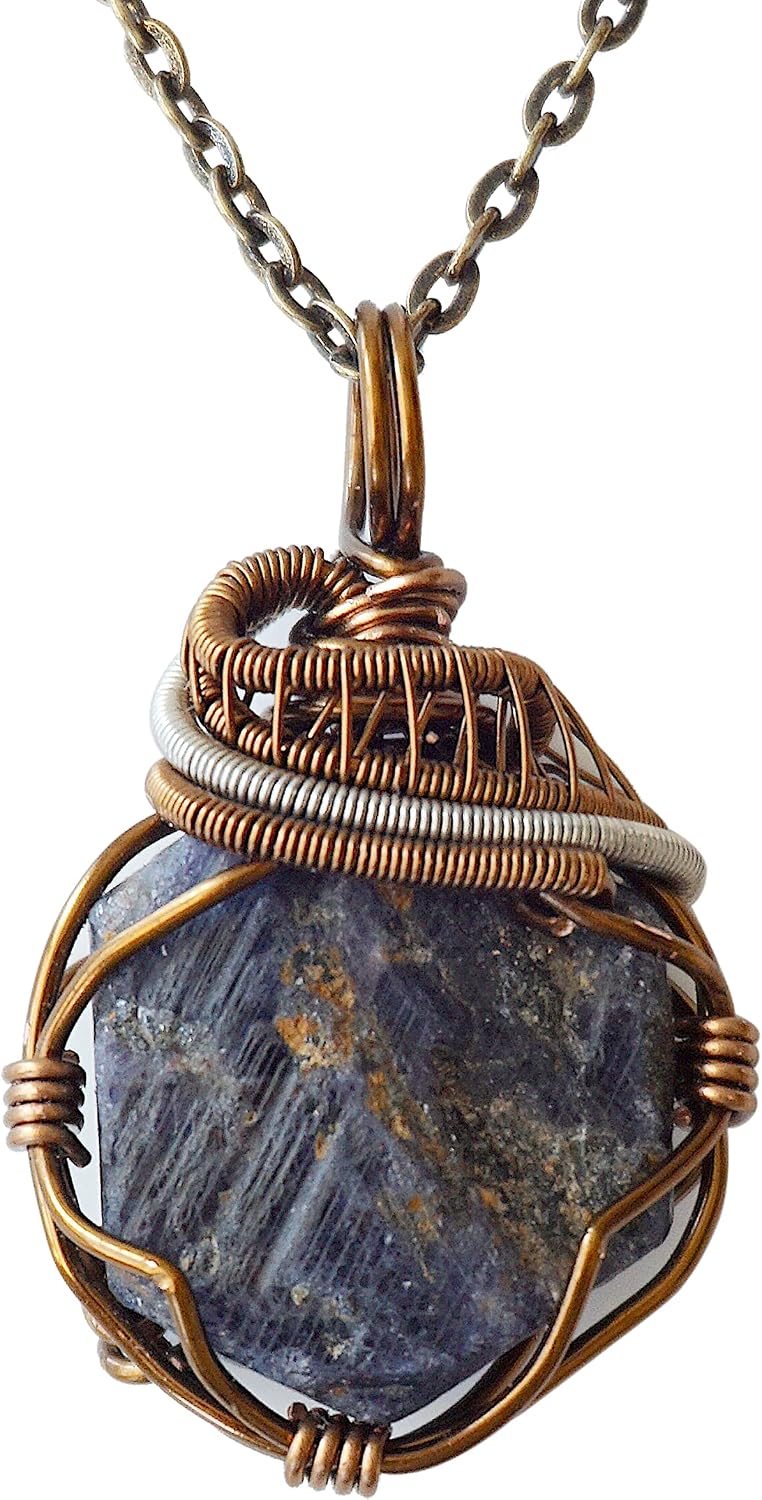 Designs by Nature Gems Handcrafted Raw Gemstone Necklace, Mixed Wire Pendant in Antique Bronze with 24 Inch Chain