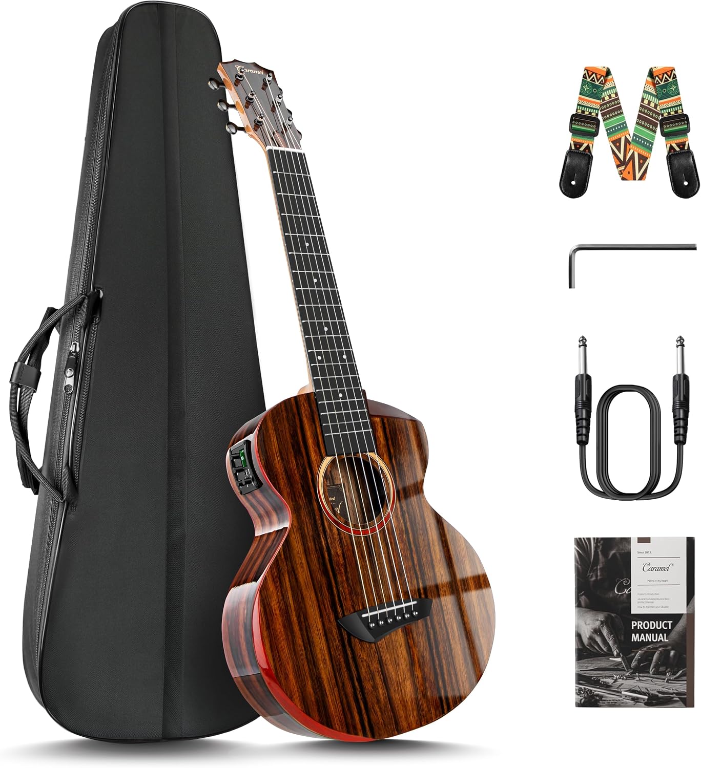 Caramel GEG91 Cutaway Ebony Glossy Guitalele | 30-inch Handmade Professional 6-String Acoustic & Electric Guitalele Kit with Accessories for Travel