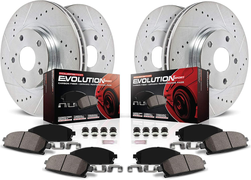 PowerStop Front and Rear Brake Kit for Kia Optima 2020 - Drilled and Slotted Disc Rotors with Carbon-Fiber Ceramic Brake Pads Replacement, K9167