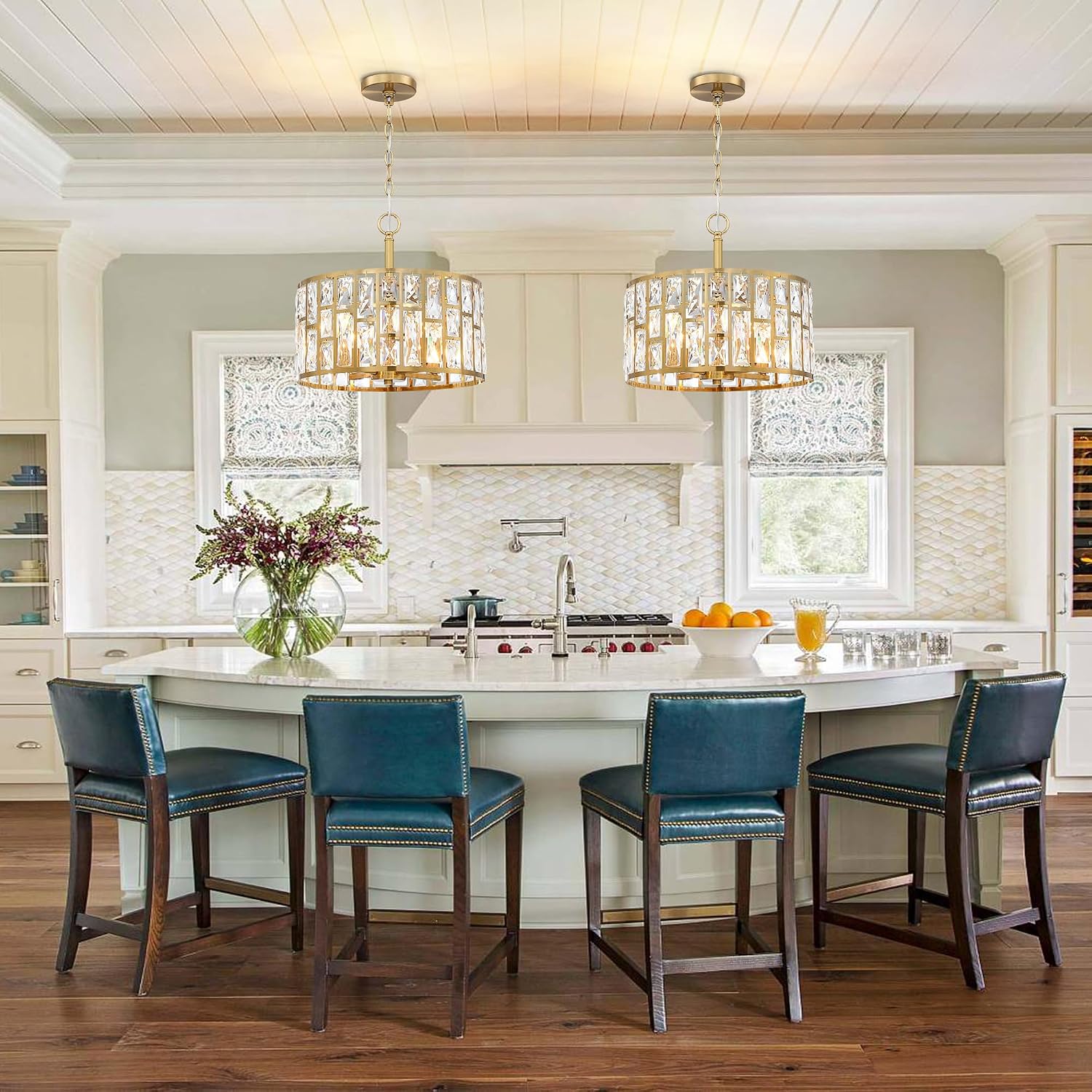 MEXO Farmhouse Crystal Convertible Chandelier and Semi Flush Mount Lighting Gold Cylinder Drum Shade Pendant for Kitchen Island Dining Room Bedroom Hallway