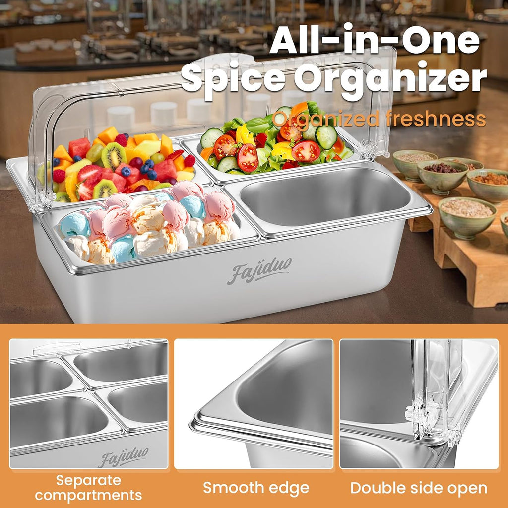 Countertop Ice Food Serving Display Container, Spice Display Salad Dressing Cooler, Stainless Steel Food Serving Tray Buffet Condiment Dispenser with Clear Roll Top Cover, Clamps, Spoons, Ice Packs