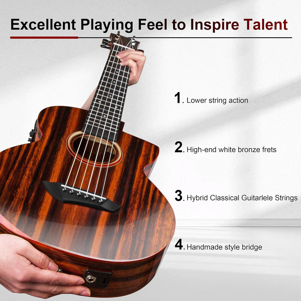 Caramel GEG91 Cutaway Ebony Glossy Guitalele | 30-inch Handmade Professional 6-String Acoustic & Electric Guitalele Kit with Accessories for Travel