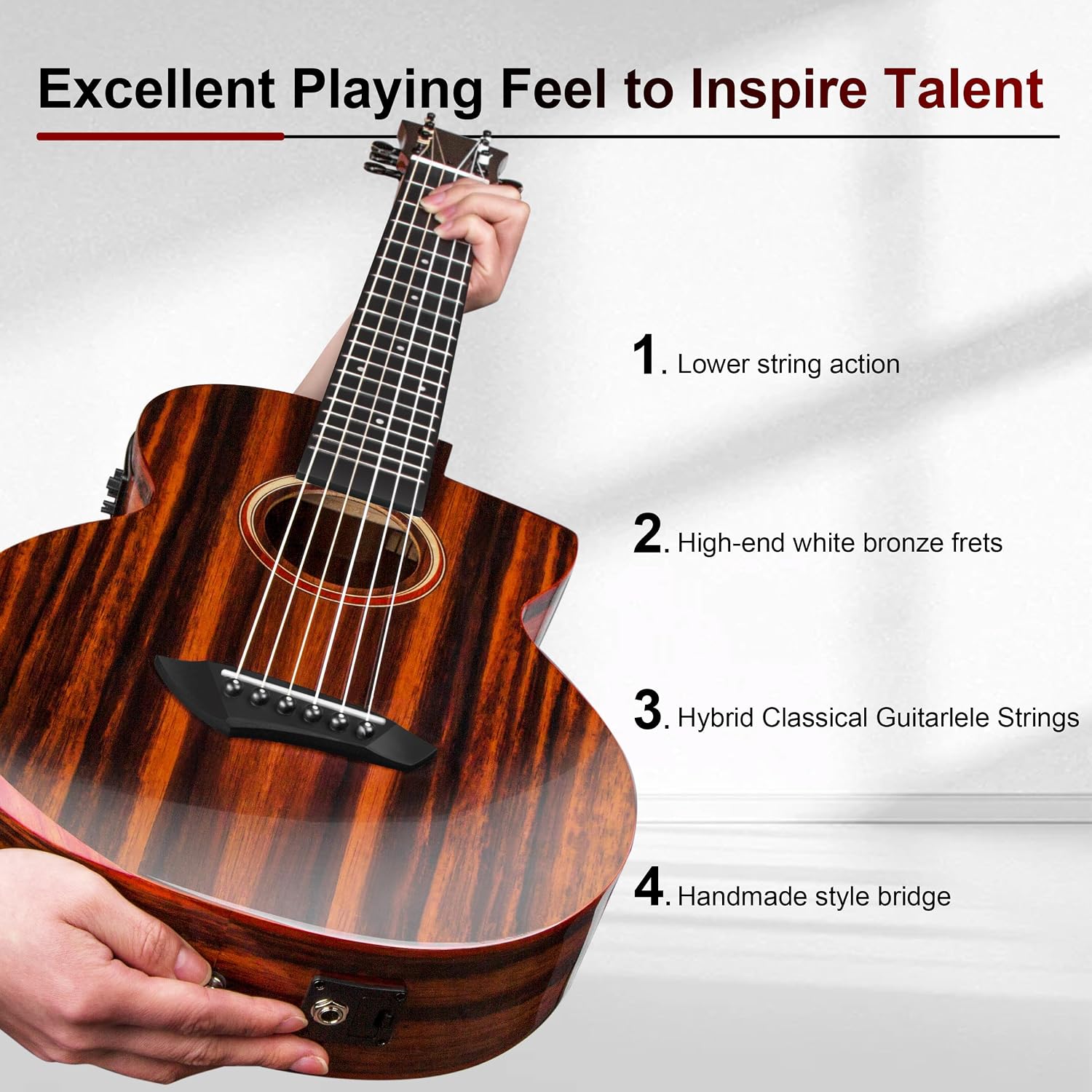 Caramel GEG91 Cutaway Ebony Glossy Guitalele | 30-inch Handmade Professional 6-String Acoustic & Electric Guitalele Kit with Accessories for Travel