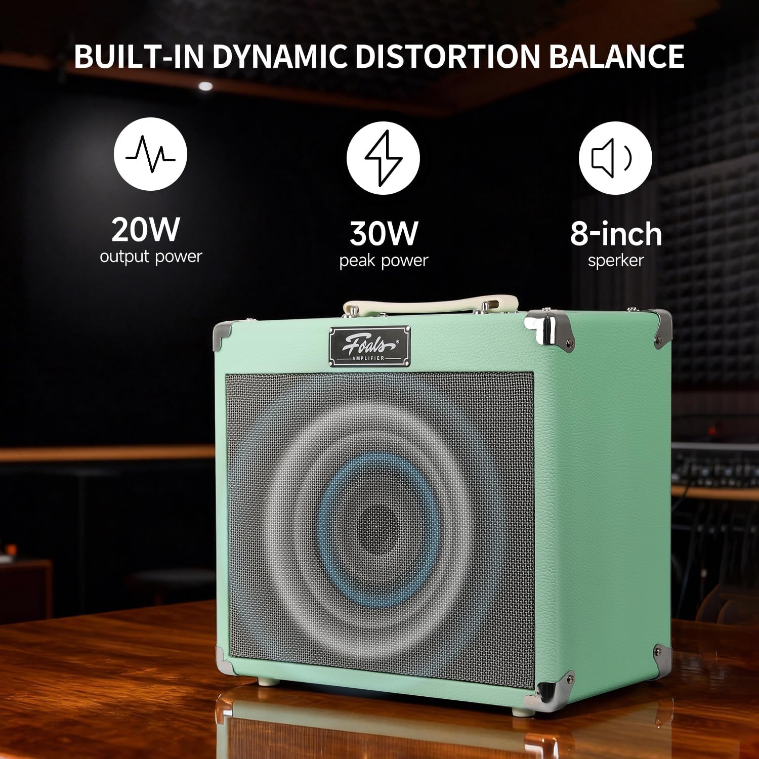FOALS Electric Guitar Amp 20W (30W Peak), Dual-Channel Clean/Drive Combo Amplifier with Bluetooth, 8-Inch Speaker, 3 Band EQ, Headphone Output & AUX Input for Home Practice(Green)