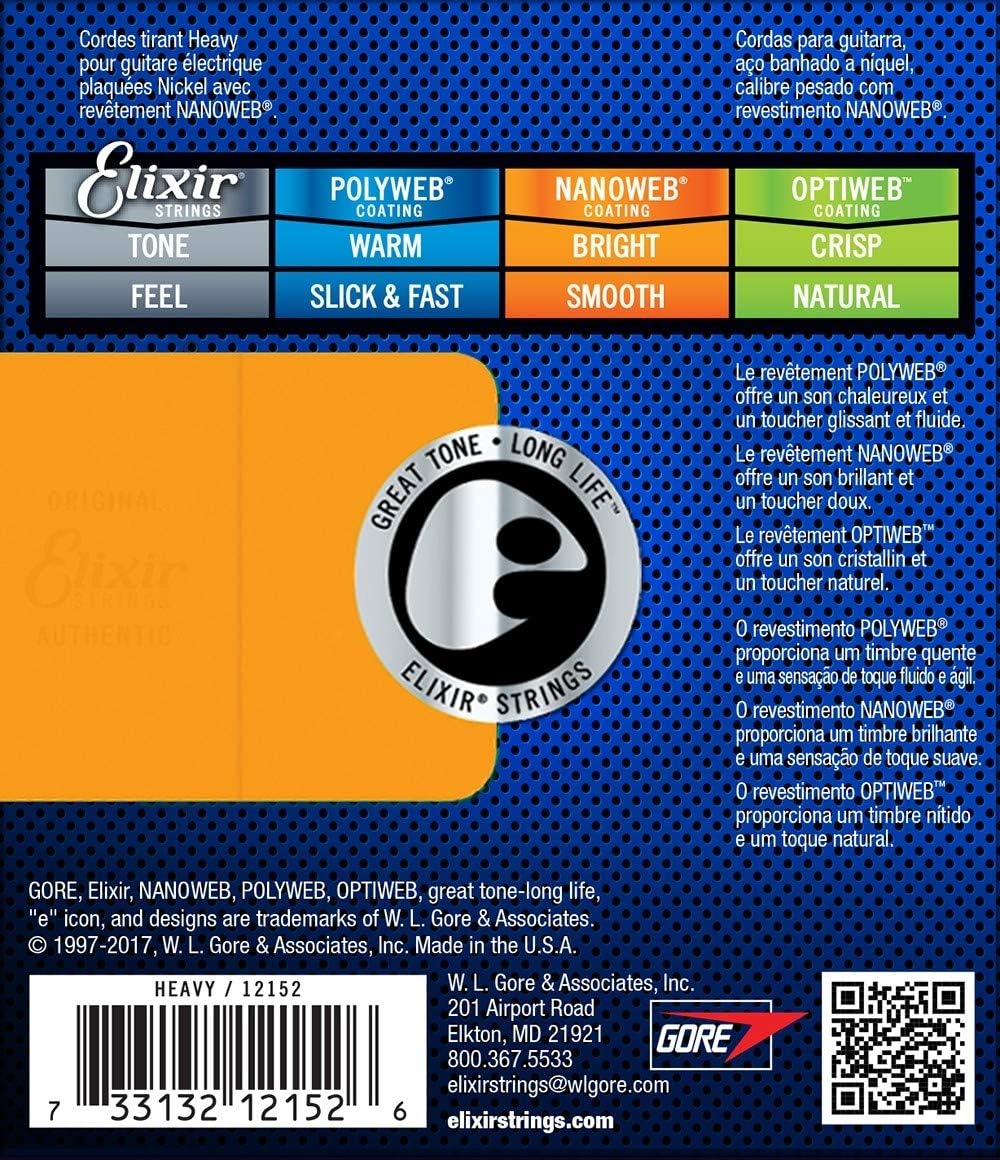 Elixir Electric Nanoweb 12152 Heavy 12-52 Electric Guitar Strings 6-Pack w/Bonus Elixir Polishing Cloth