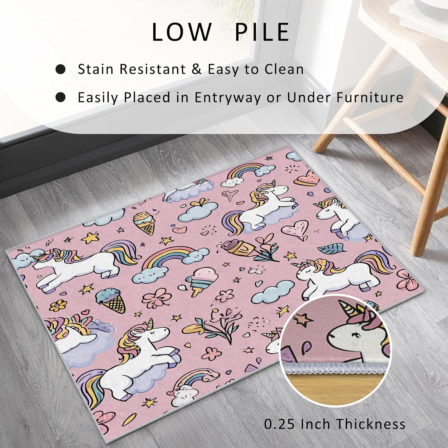 Unicorn Rug 8x12 for Bedroom, Kawaii Ice Cream Rainbow Patterned Living Room Area Rug, Unicorn Kids Boys Girls Room Decor, Washable Soft Thin Carpet with Non Slip Backing, 8 x 12 ft - Lu11694