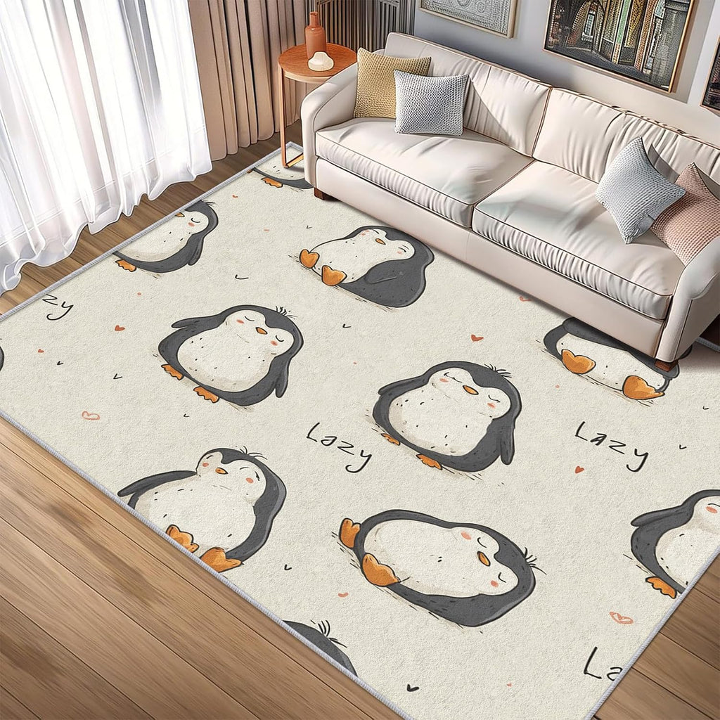 Penguin Rug 8x12 for Bedroom, Funny Cute Cartoon Animal Patterned Living Room Area Rug, Penguin Kids Boys Girls Room Decor, Washable Soft Thin Carpet with Non Slip Backing, 8 x 12 ft - Lu11442