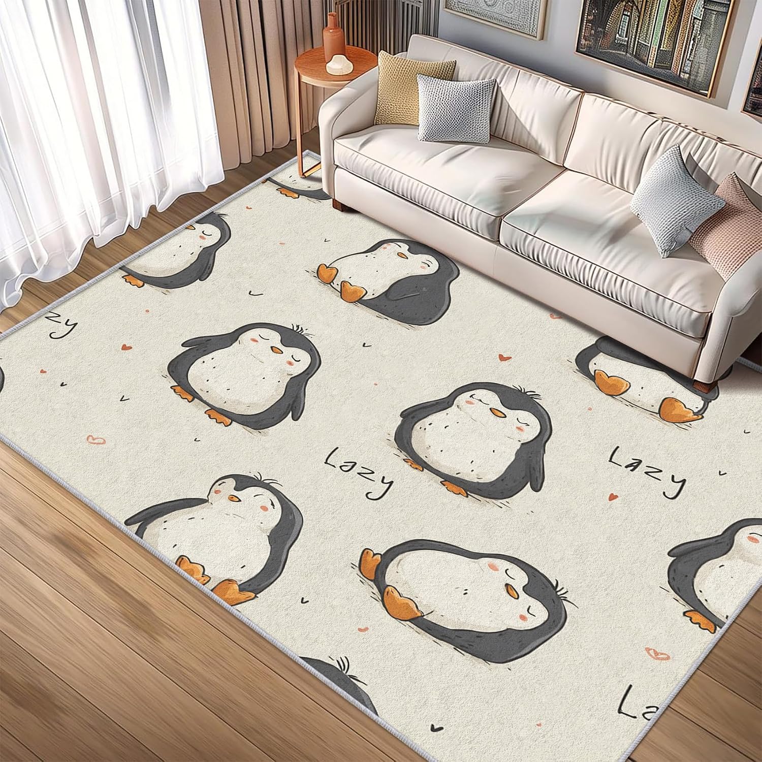 Penguin Rug 8x12 for Bedroom, Funny Cute Cartoon Animal Patterned Living Room Area Rug, Penguin Kids Boys Girls Room Decor, Washable Soft Thin Carpet with Non Slip Backing, 8 x 12 ft - Lu11442