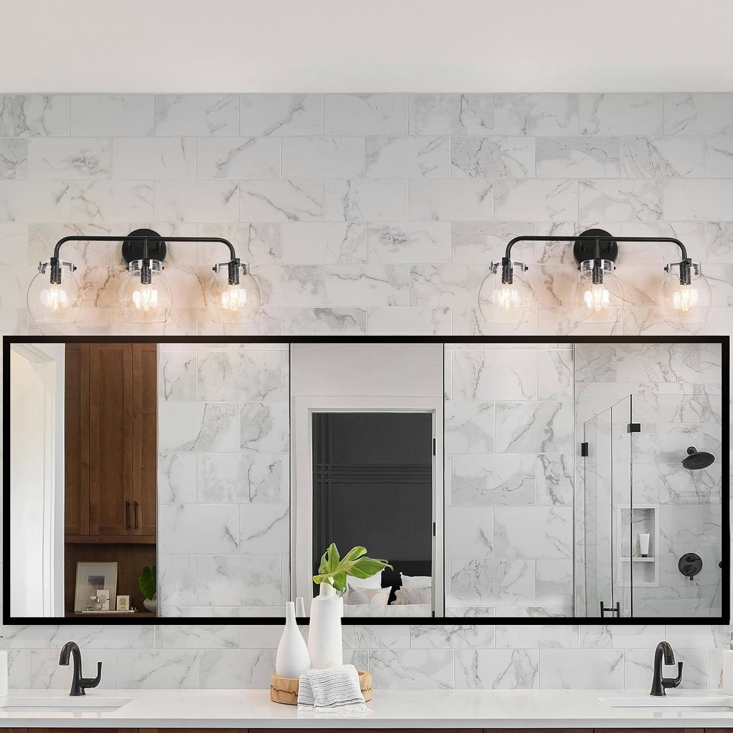 KSANA Black Bathroom Light Fixtures, 3 Light Matte Black Vanity Lights for Bathroom with Seeded Glass Globe, 22' Modern Farmhouse Bathroom Lights Over Mirror