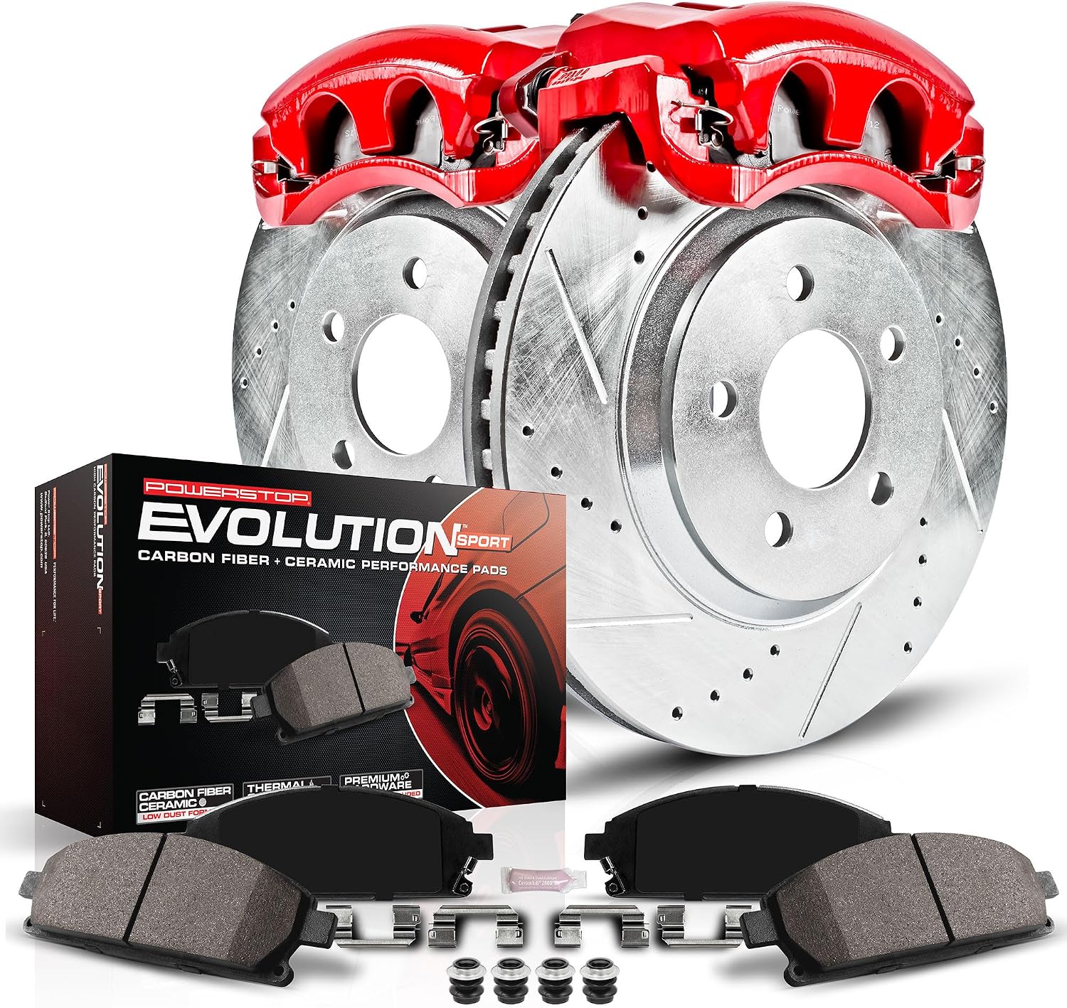 PowerStop Front Brake Kit for Chrysler 300 2012-21 |Dodge Challenger 2012-21 |Charger 2012-21 - Carbon-Fiber Ceramic Brake Pads + Drilled & Slotted Rotors + Red Powder Coated Calipers, KC1714A