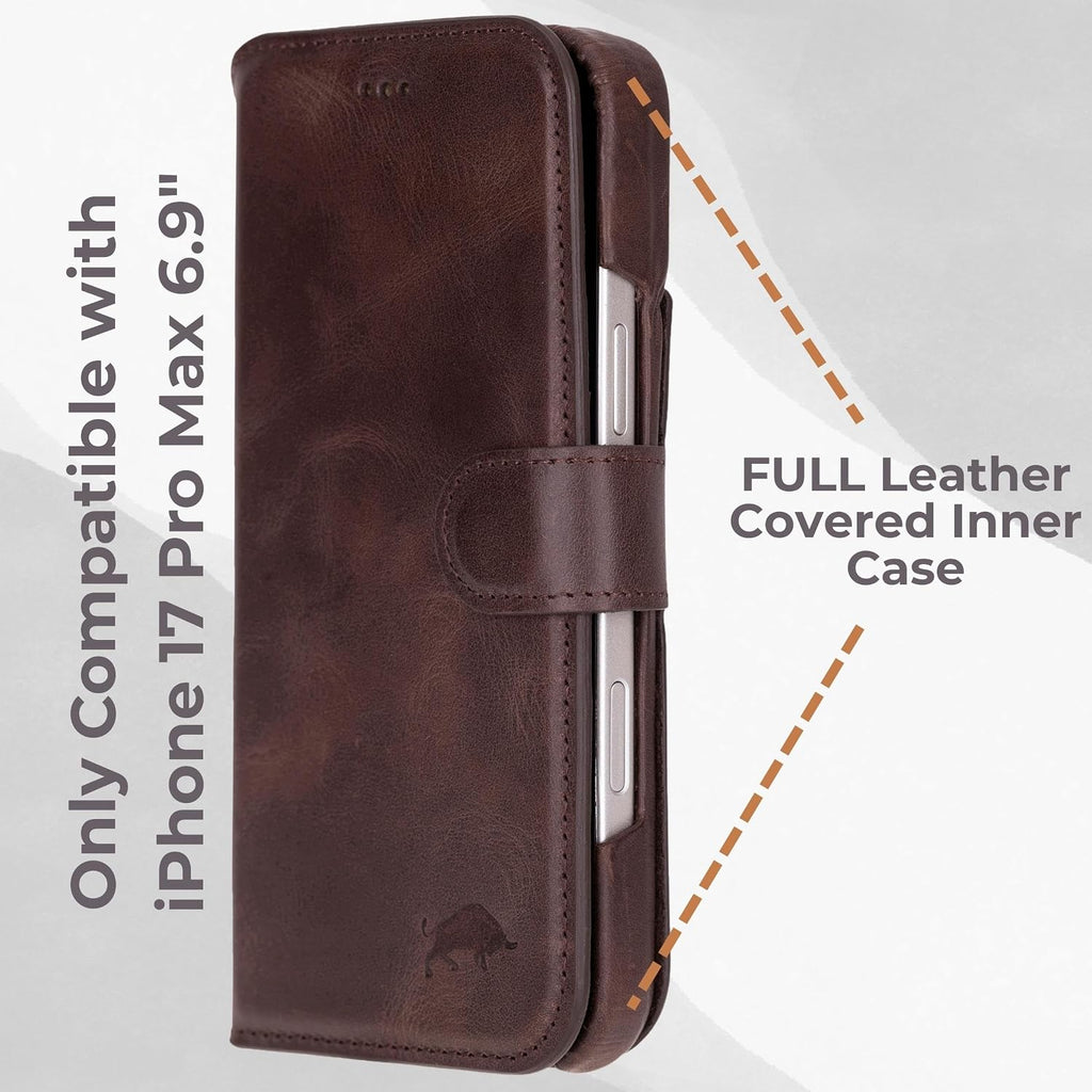 VENOULT Leather Wallet Case for iPhone 17 Pro Max, Full Grain Genuine Leather, Magnetic Detachable, 4 Card Holder, Buesiness Style, Compatible with MagSafe, RFID, Handmade (Chcolate)