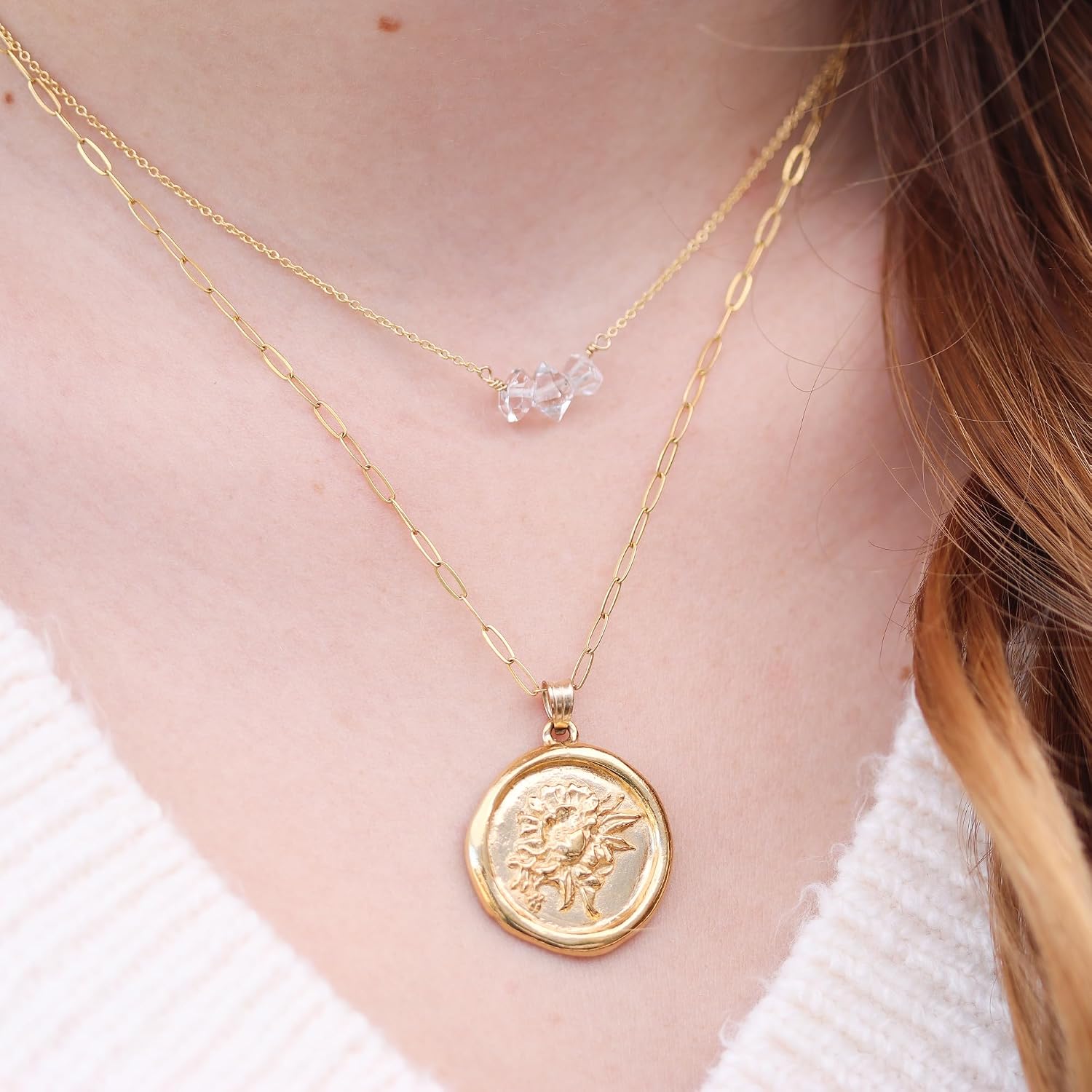 LOTUS STONE JEWELRY 23.5K Gold Vermeil Wax Seal Pendant, Coin Necklace for Women (Gold Vermeil)