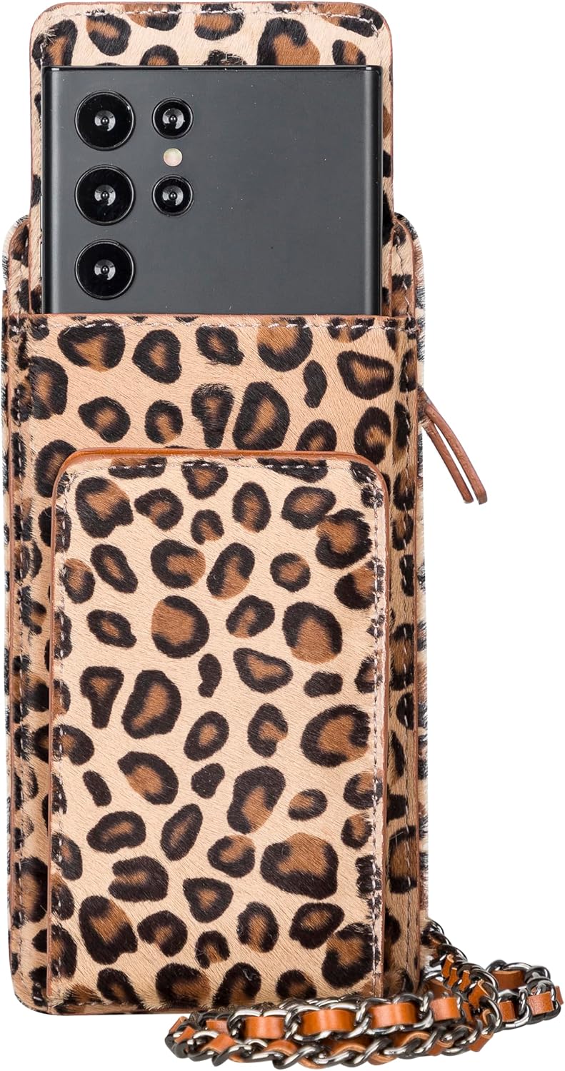 Crossbody Women Wallet fits iPhone 16 Pro MAX / 17 Pro MAX and All Mobile Devices up to 6.9' - Zippered Women Purse, Shoulder Bag with Card Holder, Pocket & Chain Strap, Trendy (Leopard)