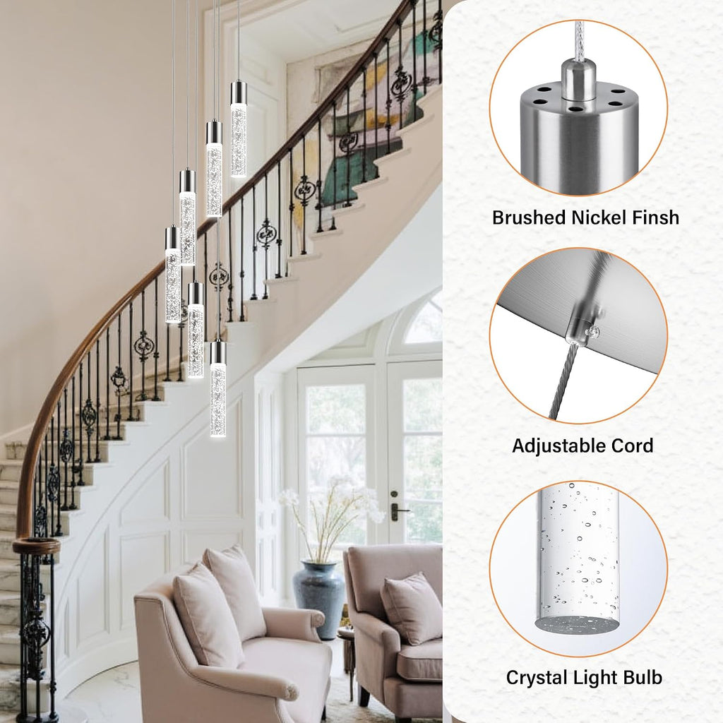 Pendant Lights Kitchen Island, 3000K-6500K Modern Kitchen Island Lights, Ceiling Lighting Fixtures with Crystal Bubble, 3 Color Integrated LED Hanging Light Brushed Nickel 1 Pack(6-Light)
