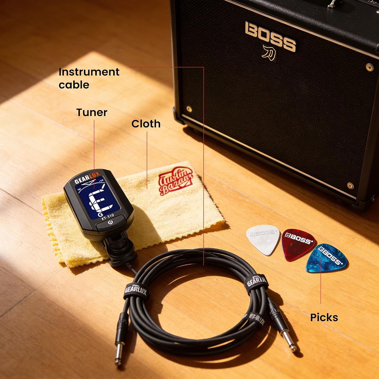 Boss Katana-50 Gen 3 50-Watt 1x12-Inch Guitar Combo Amplifier Bundle with Gearlux Instrument Cable, Tuner, Picks, and Austin Bazaar Polishing Cloth